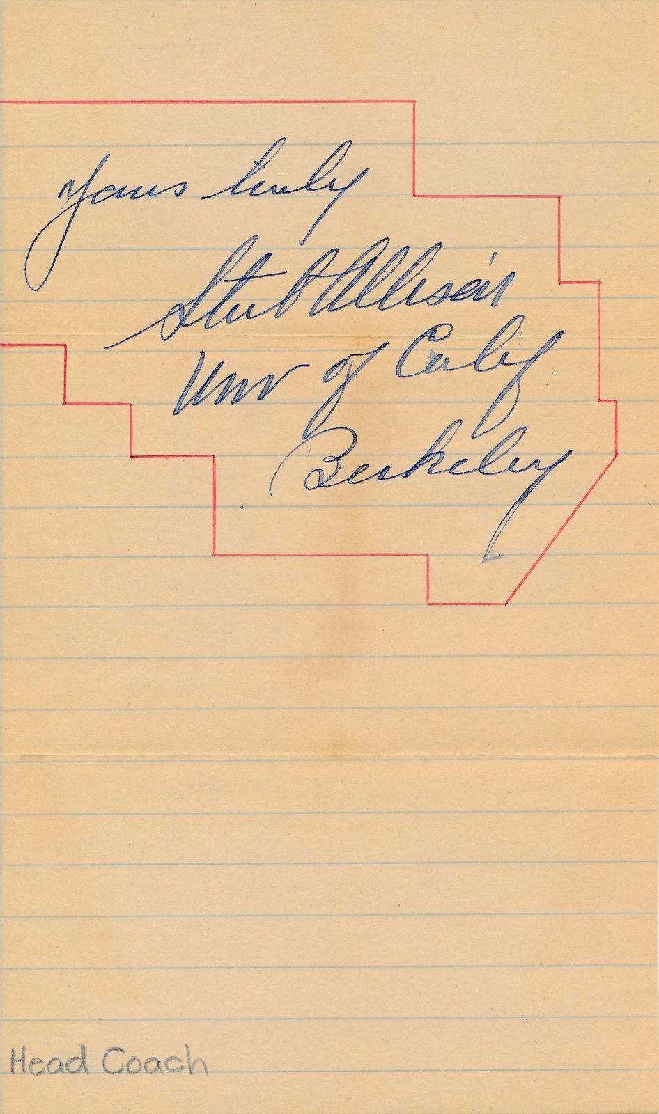 Stub Allison Cal Hof 1938 Natl Champs Fb Coach