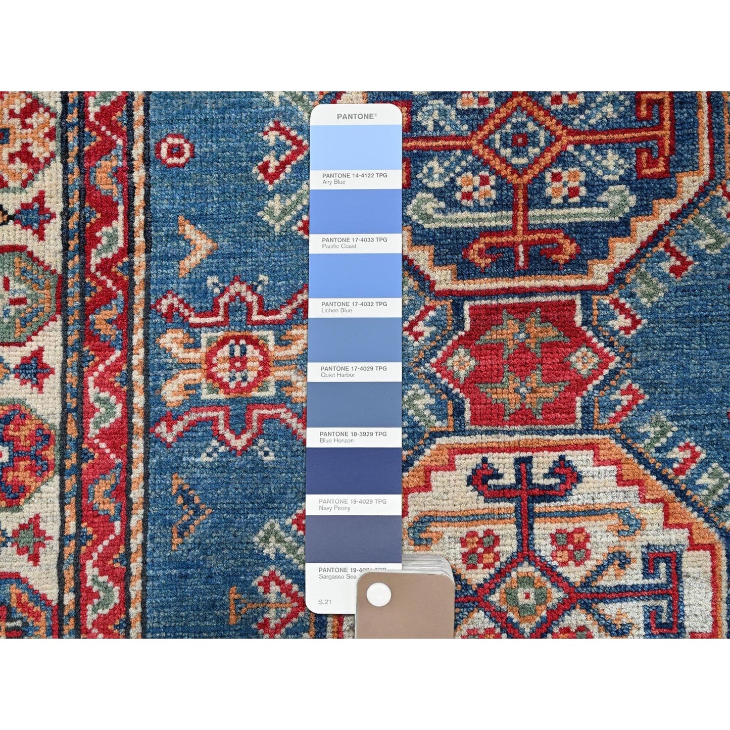 2'8"X4' Blue Kazak With Tribal Design Hand Knotted Soft Wool Sample Rug