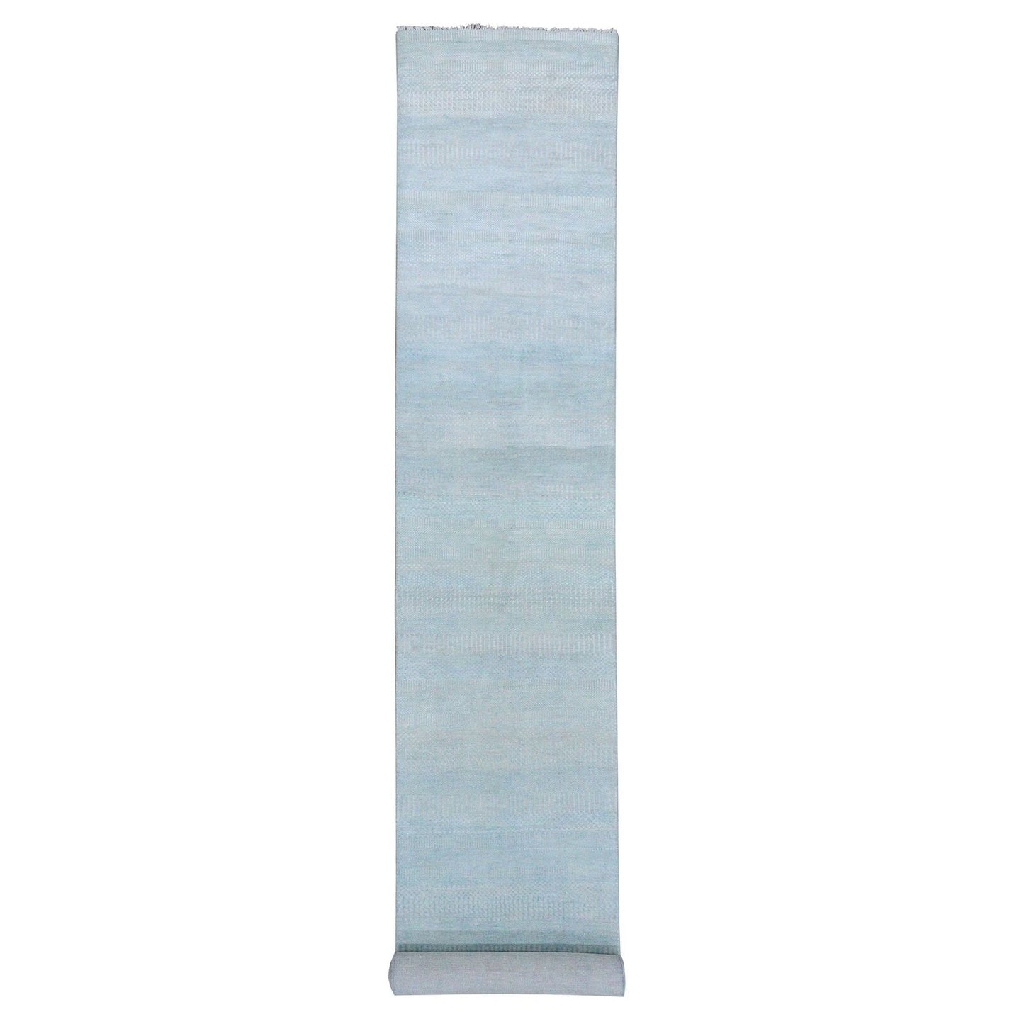 2'8"X15' Blue Hand Knotted Modern Grass Design Wool/Silk Xl Runner Rug