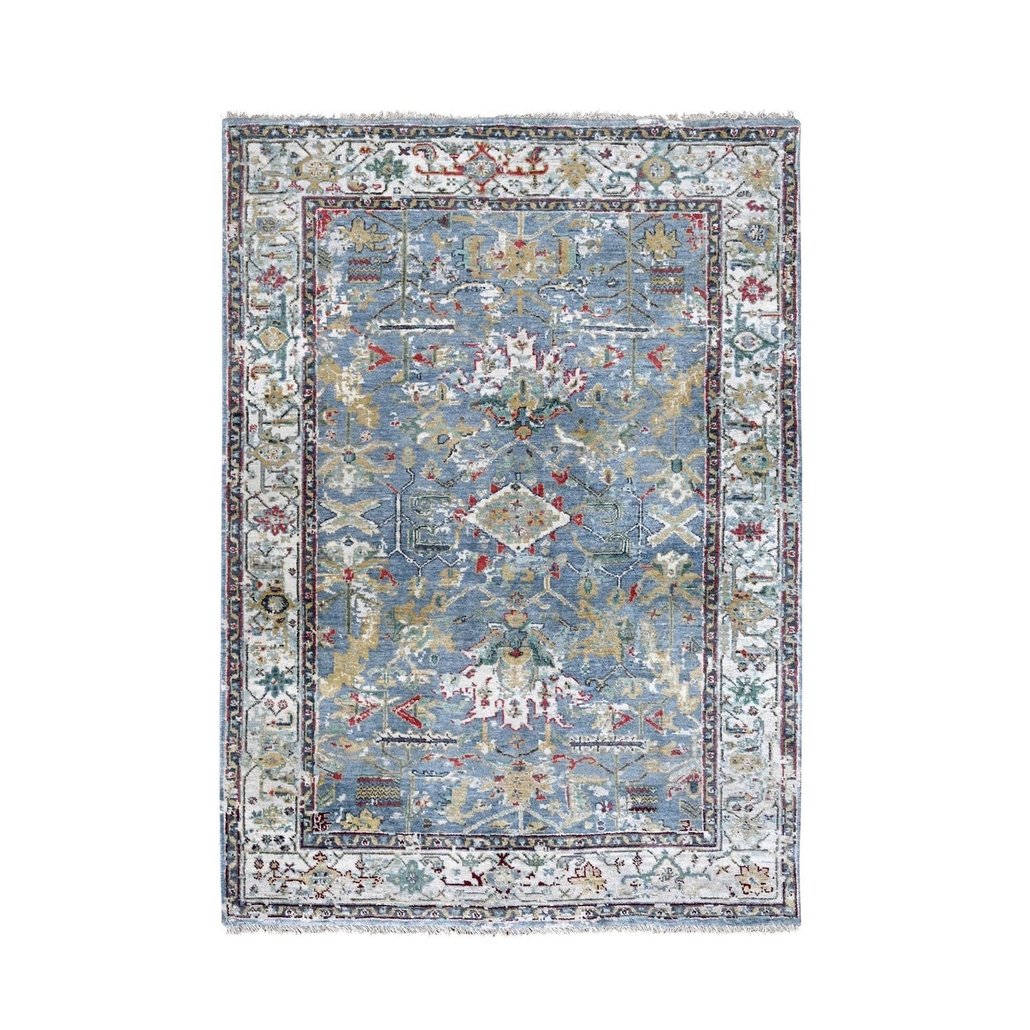 4'X5'9" Blue Wool Broken And Erased Zoroastrian Heris Hand Knotted Rug