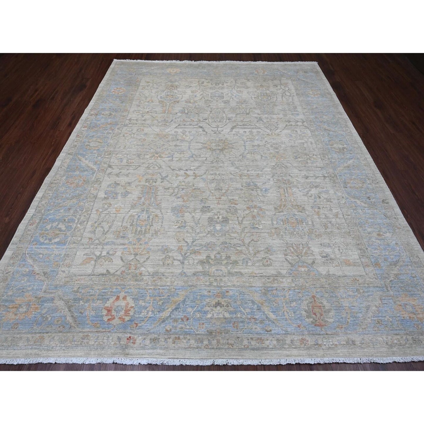 8'2"X10' White Afghan Peshawar Heris All Over Motif Hand Knotted Wool Rug
