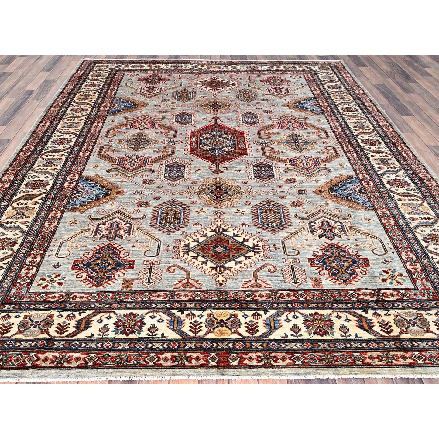 8'X9'10" Ivory 100% Wool Afghan Super Kazak Hand Knotted Oriental Rug