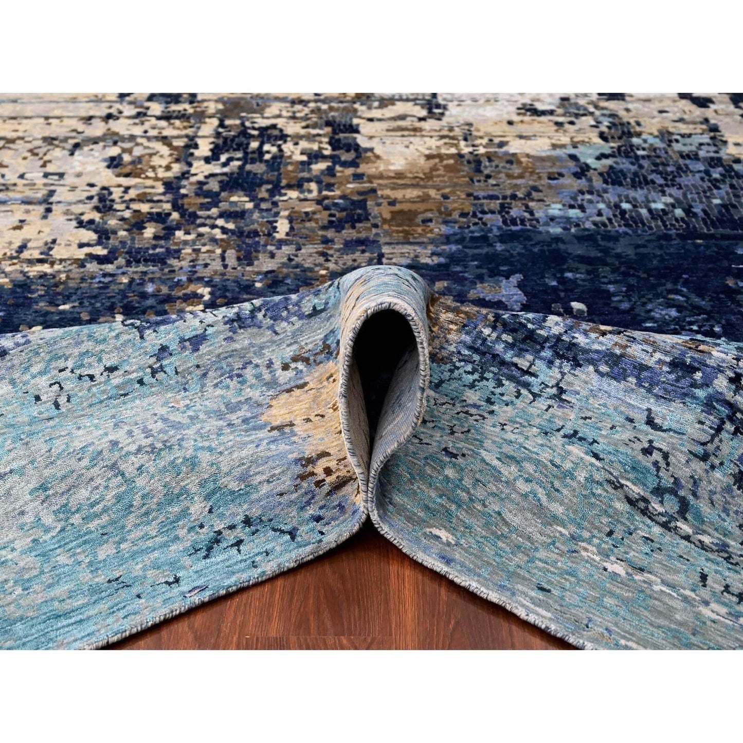 9'10"X9'10" Blue Mosaic Design Wool And Silk Hand Knotted Square Rug