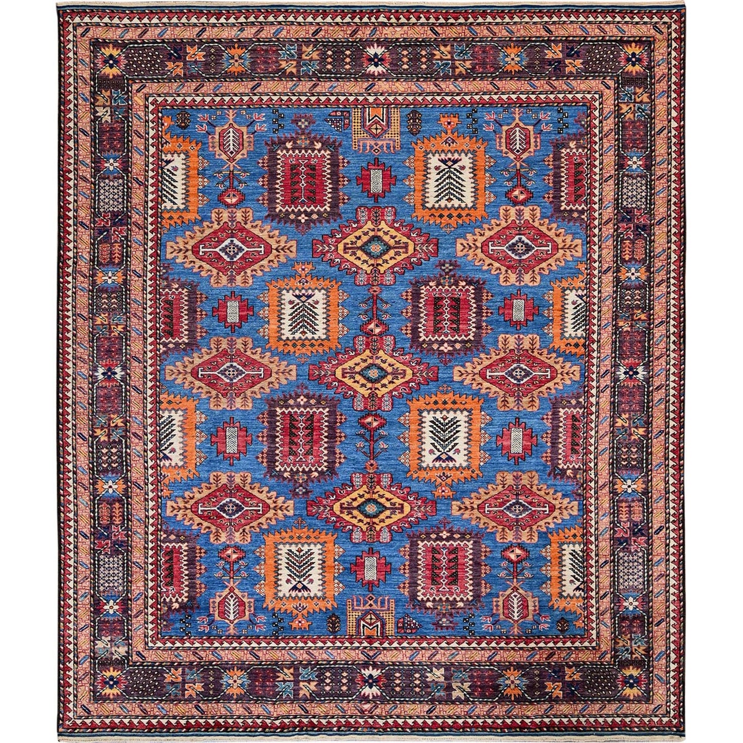 8'3"X9'6" Blue Afghan Ersari Caucasian Design Revival Hand Knotted Wool Rug