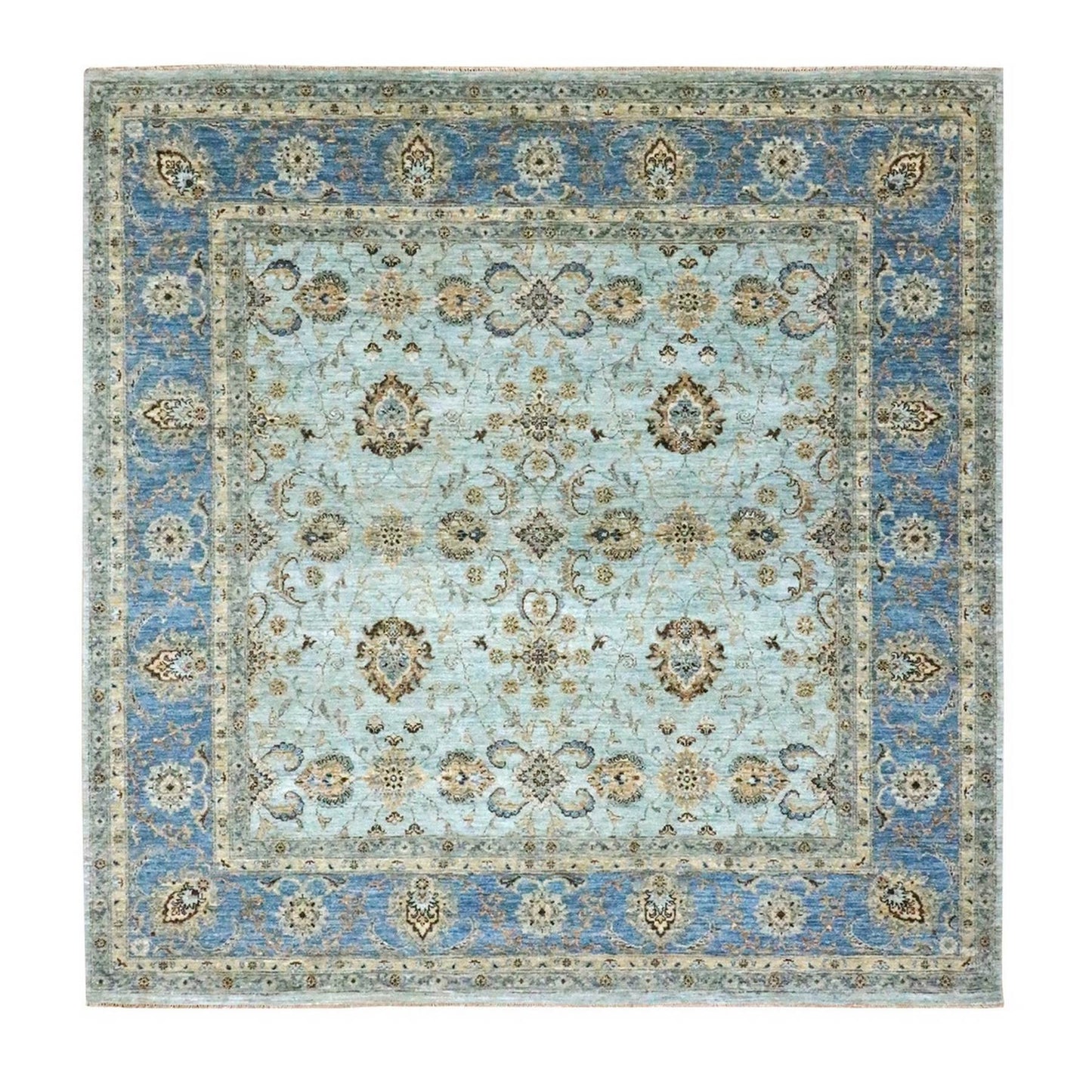 8'X8' Sky Blue Shah Abbas Flower Design Pure Wool Hand Knotted Square Rug