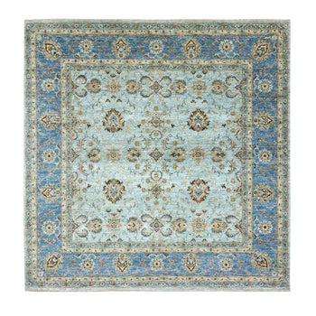8'X8' Sky Blue Shah Abbas Flower Design Pure Wool Hand Knotted Square Rug