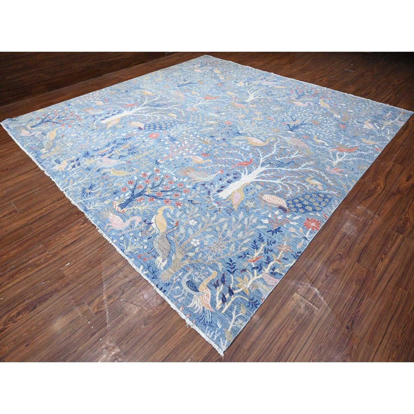 12'X12' Blue Afghan Peshawar Birds Paradise Wool Hand Knotted Square Rug
