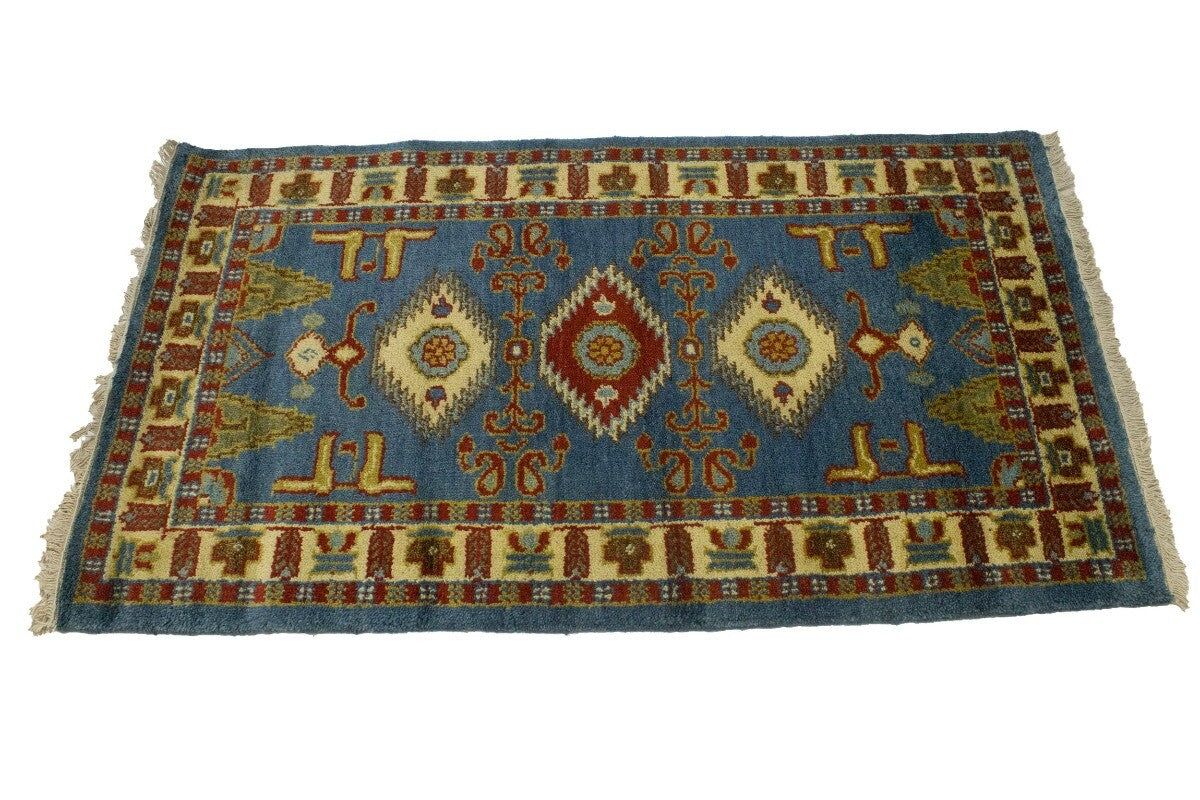 Kazak Oriental Rug Blue Geometric Tribal Style