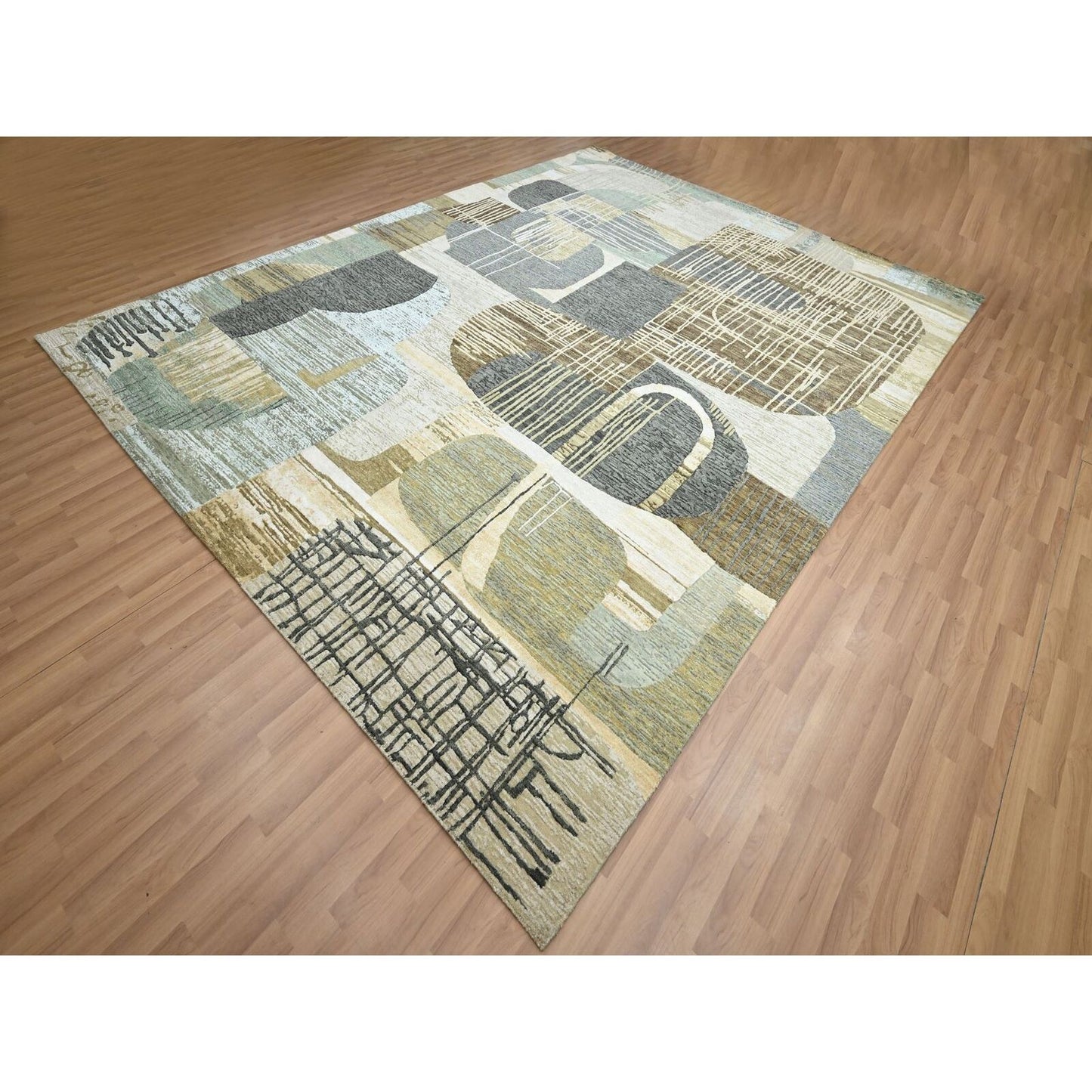 9'X11'9" Gray-Brown Abstract Geometric Pattern Hand Knotted Pure Wool Rug