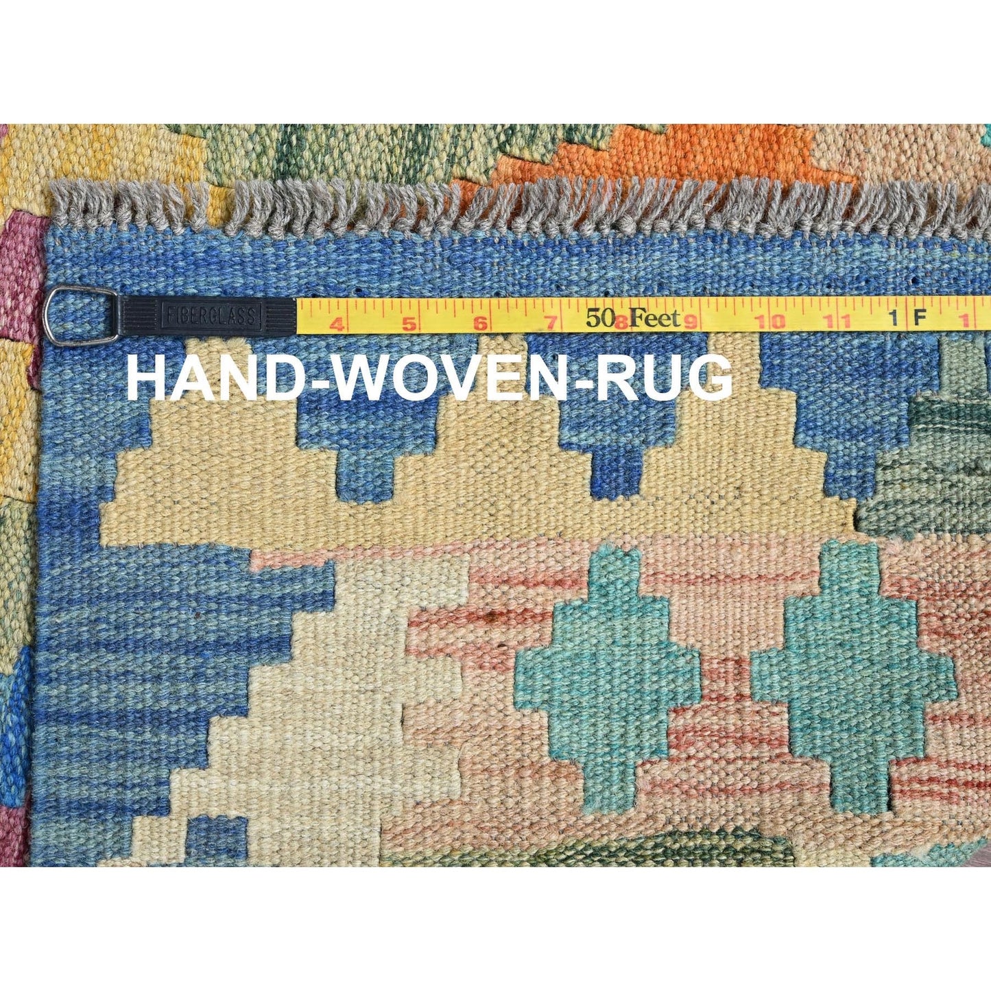 5'X6'4" Blue Afghan Kilim Geometric Pure Wool Hand Woven Flat Weave Rug