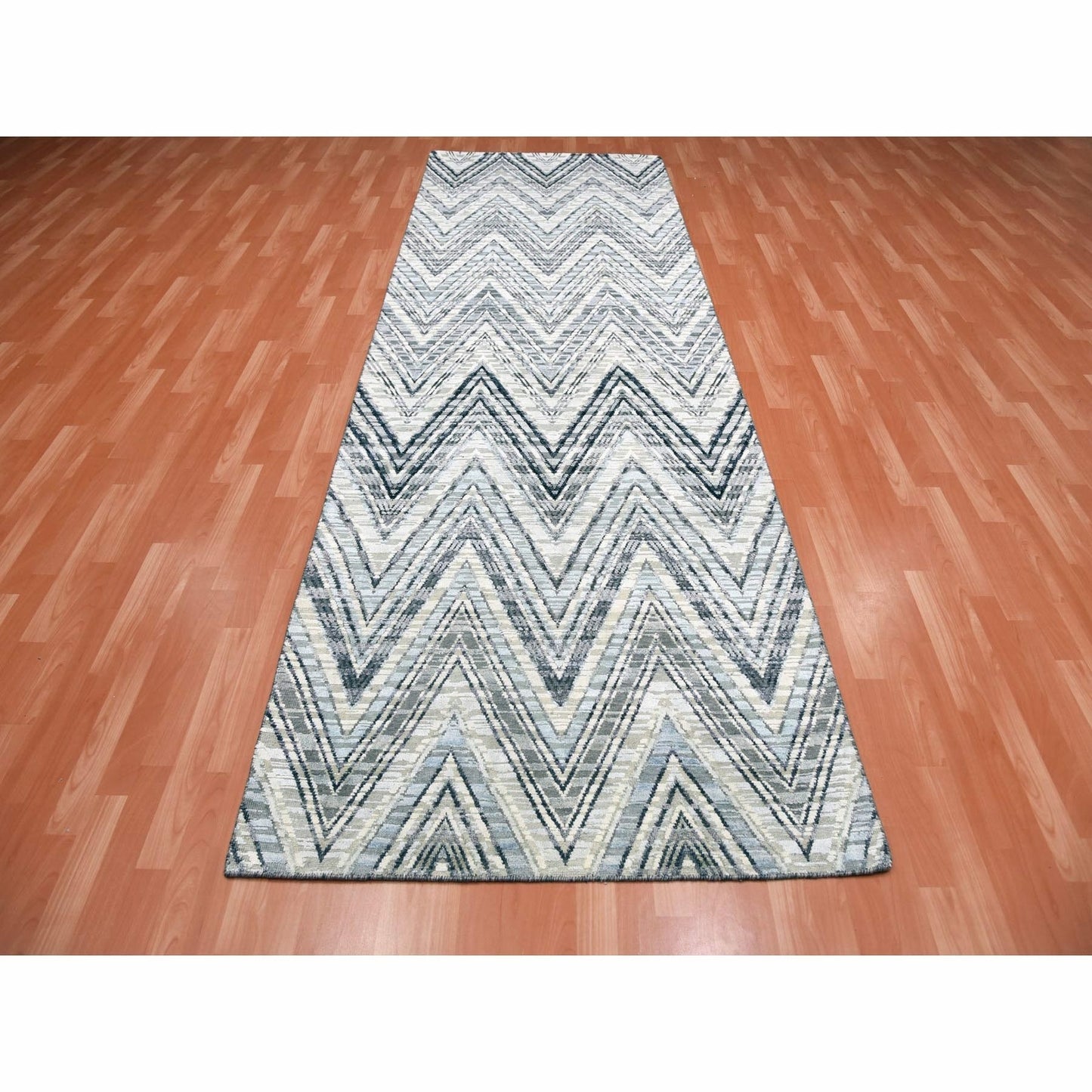 4'2"X12'4" Ivory Modern Textured Wool-Pure Silk Hand Knotted Runner Rug