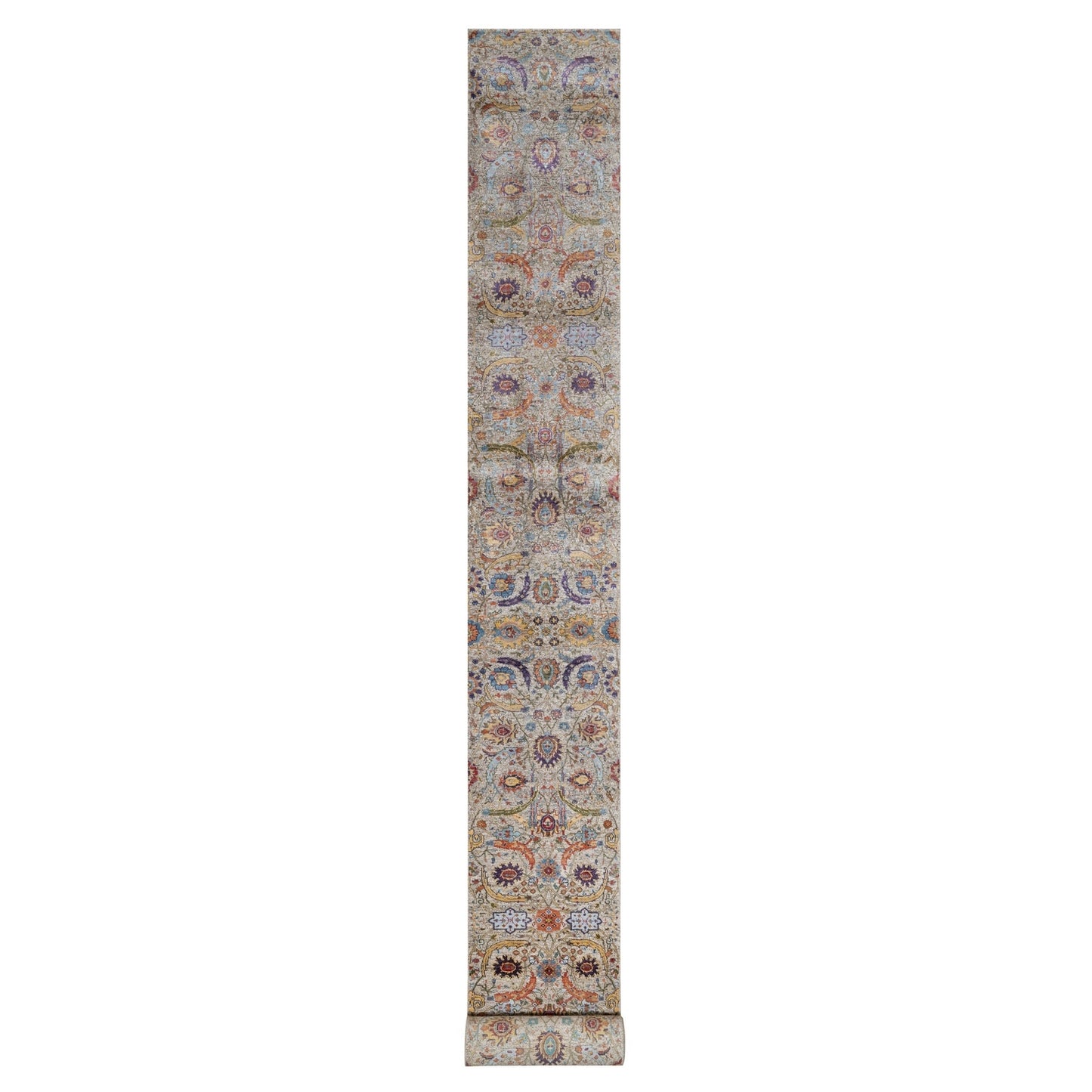 2'5"X26' White Silk With Wool Hand Knotted Sickle Leaf Design Runner Rug