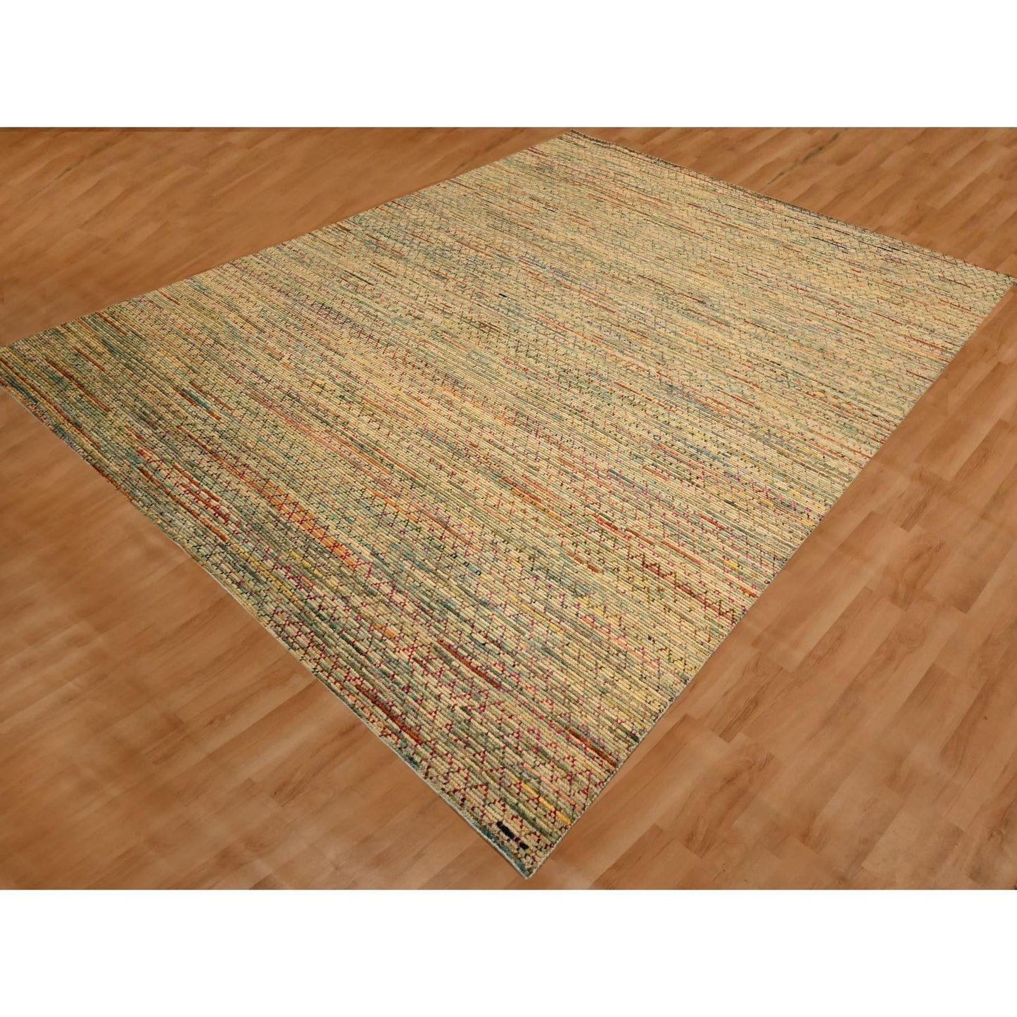 9'1"X12'2" Beige Wool And Sari Silk With Textured Weave Hand Knotted Rug