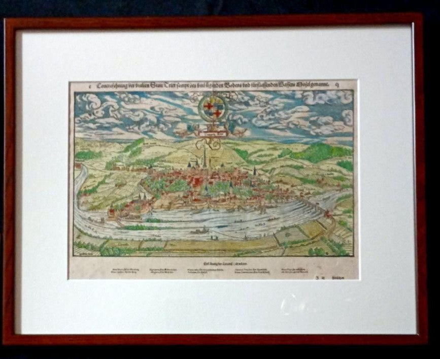 Sebastian Munster Trier Map 1598 Hand-Colored Woodcut Original Cosmographia