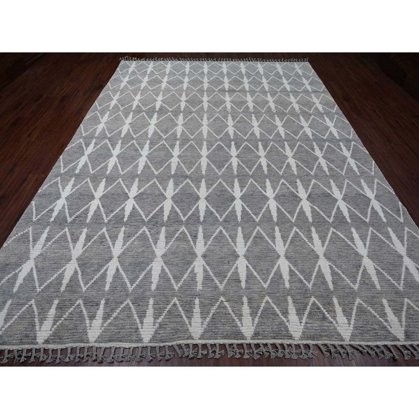 9'1"X12'4" Gray Moroccan Weave Geometric Pattern Hand Knotted Wool Rug