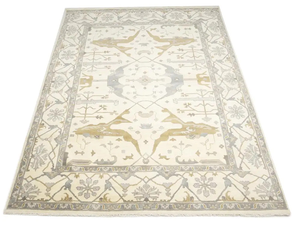 Hand-Knotted Oushak Oriental Rug Floral Dining