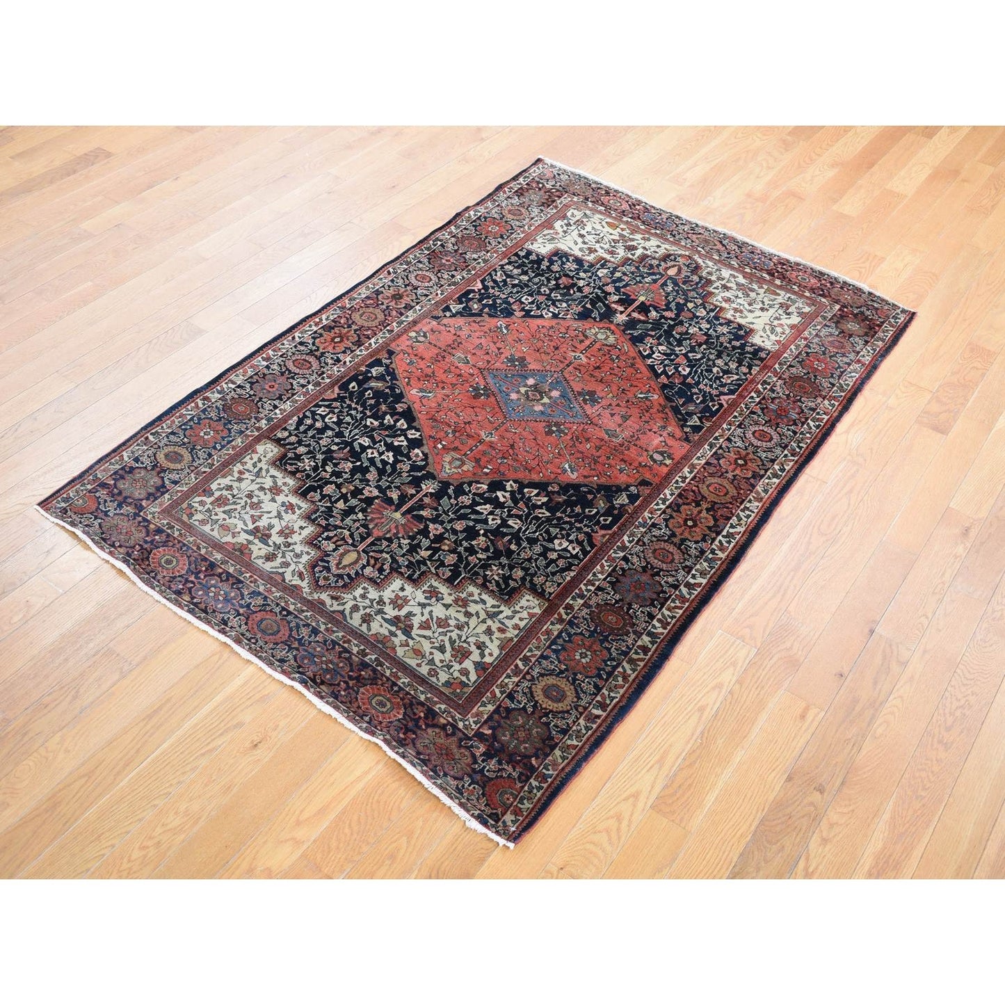4'2"X6'6" Blue Antique Zoroastrian Firighen Pure Wool Hand Knotted Rug