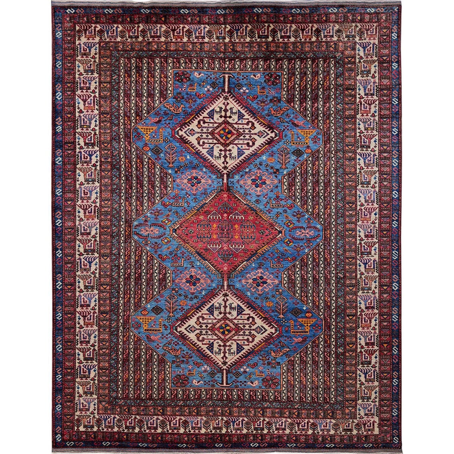9'5"X12'1" Blue Antique Caucasian Design Revival Hand Knotted Pure Wool Rug