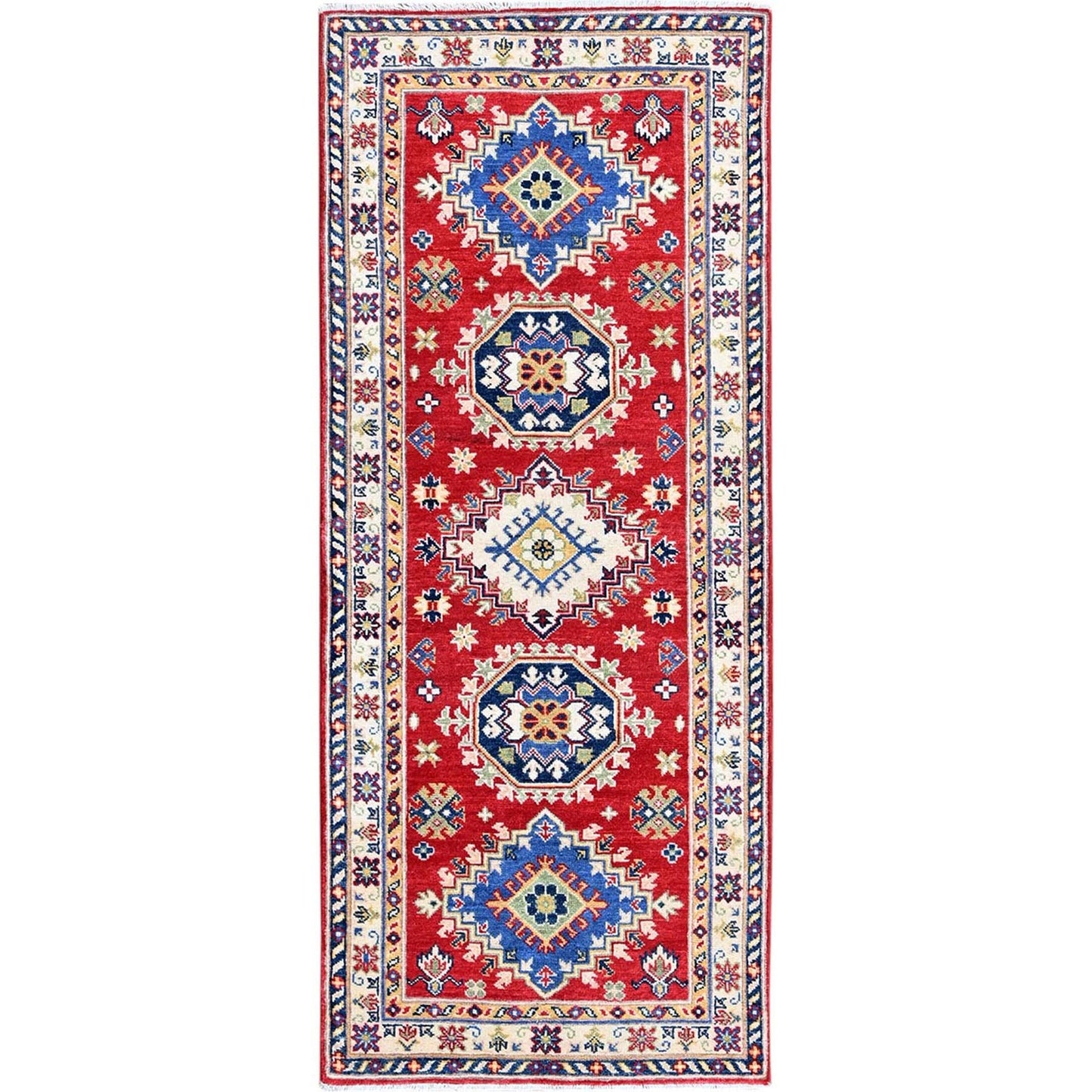 2'9"X6'6" Red Kazak Medallions Design Soft Wool Hand Knotted Runner Rug