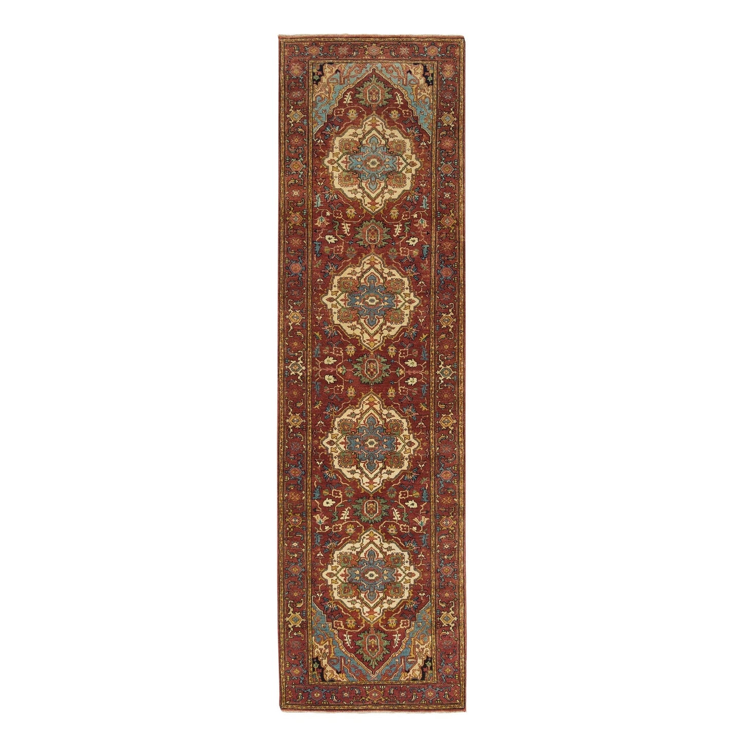 2'7"X10' Red Hand Knotted Fine Heris Re-Creation Wool Runner Oriental Rug