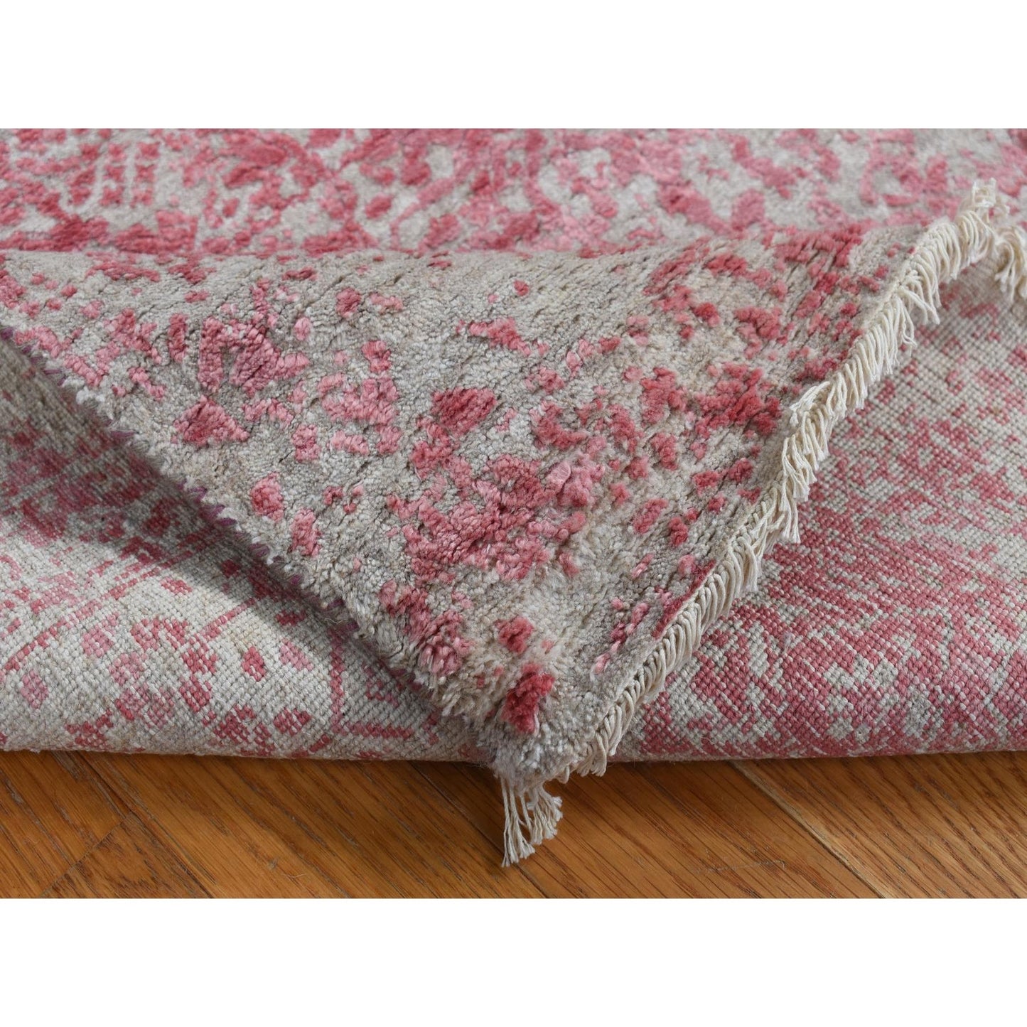 2'5"X15'7" Pink Zoroastrian Design Wool,Pure Silk Hand Knotted Runner Rug