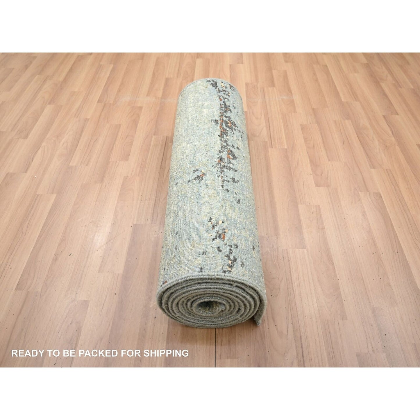 2'6"X12'2" Beige With Blue Abstract Design Wool Hand Knotted Runner Rug
