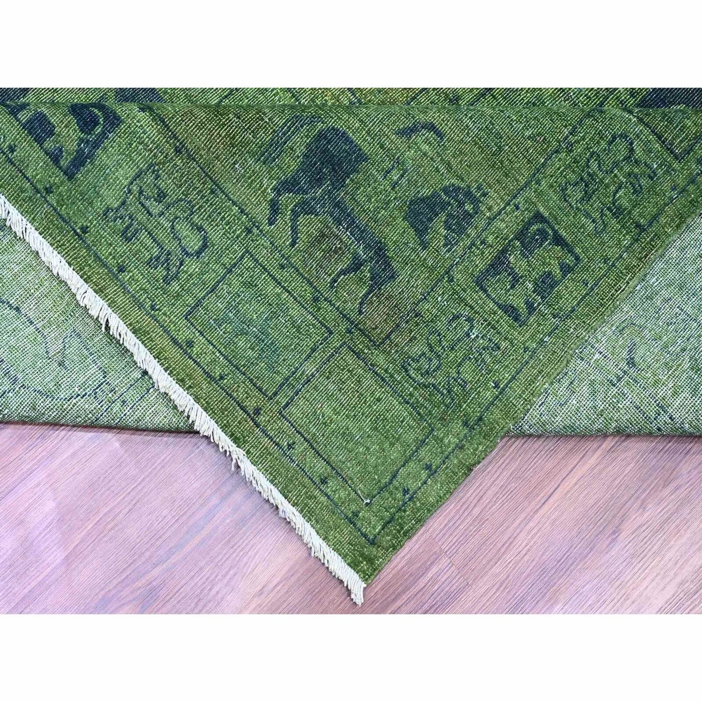 9'9"X13'8" Green Overdyed Peshawar Pazyryk Design Wool Hand Knotted Rug
