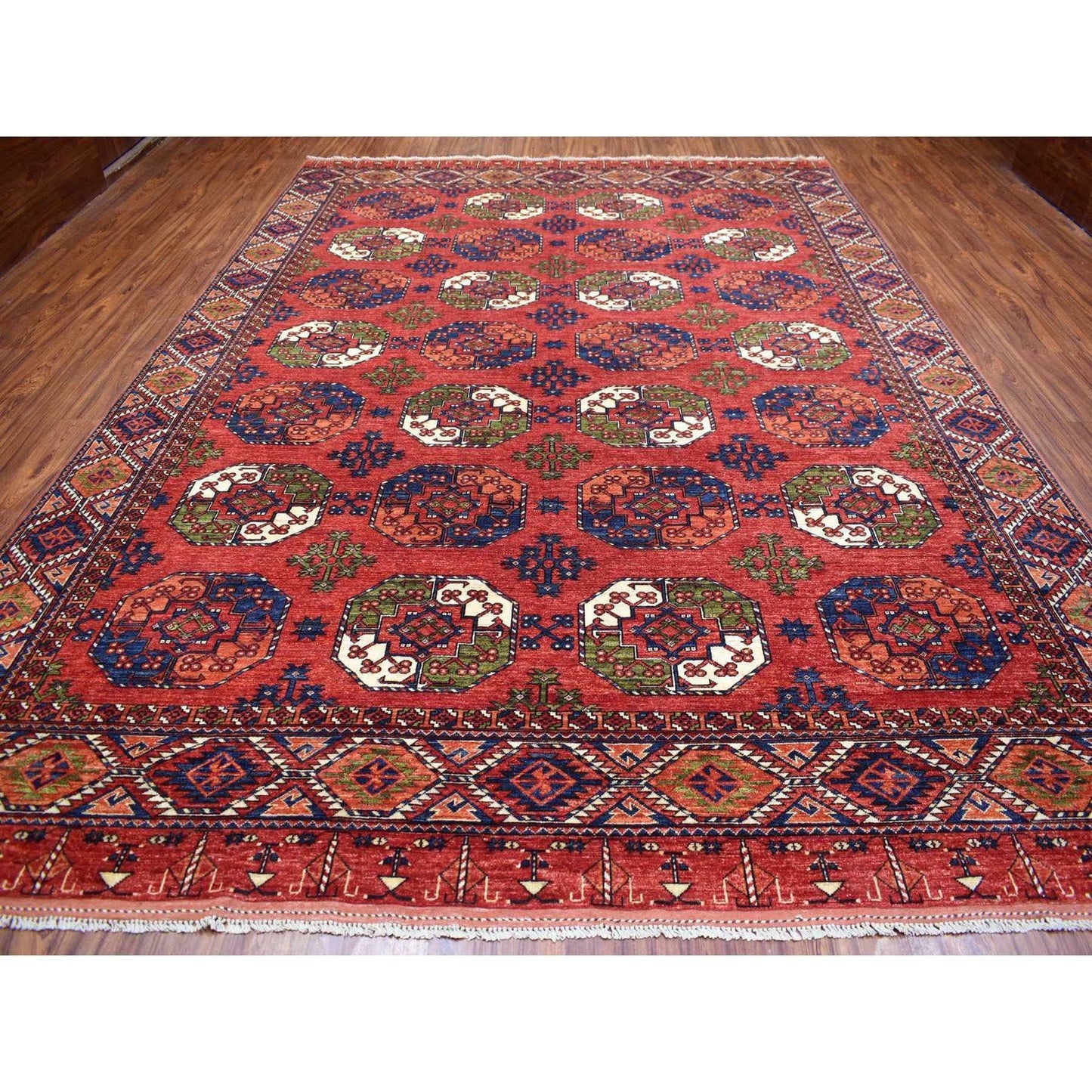 10'X13'9" Soft Wool Hand Knotted Coral Red Afghan Ersari Rug