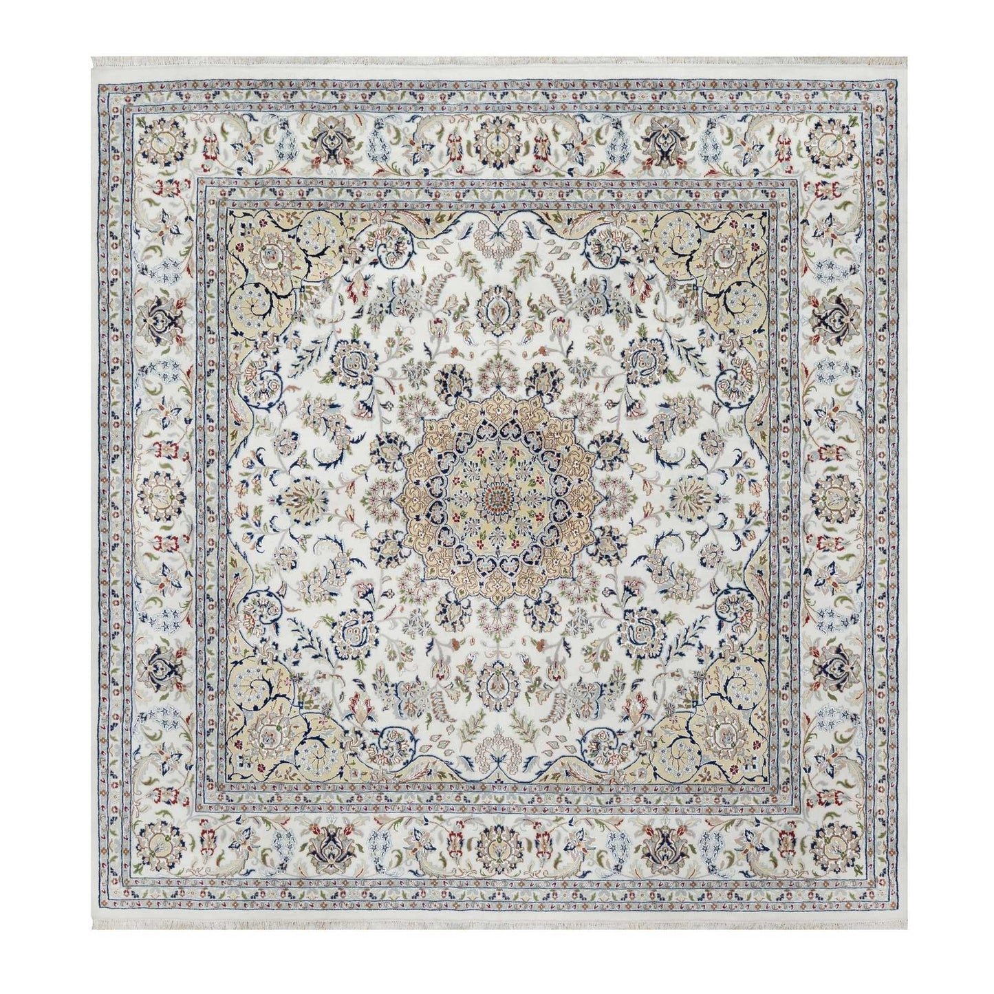 10'2"X10'2" Snow White 250 Kpsi Hand Knotted Nain Wool & Silk Square Rug