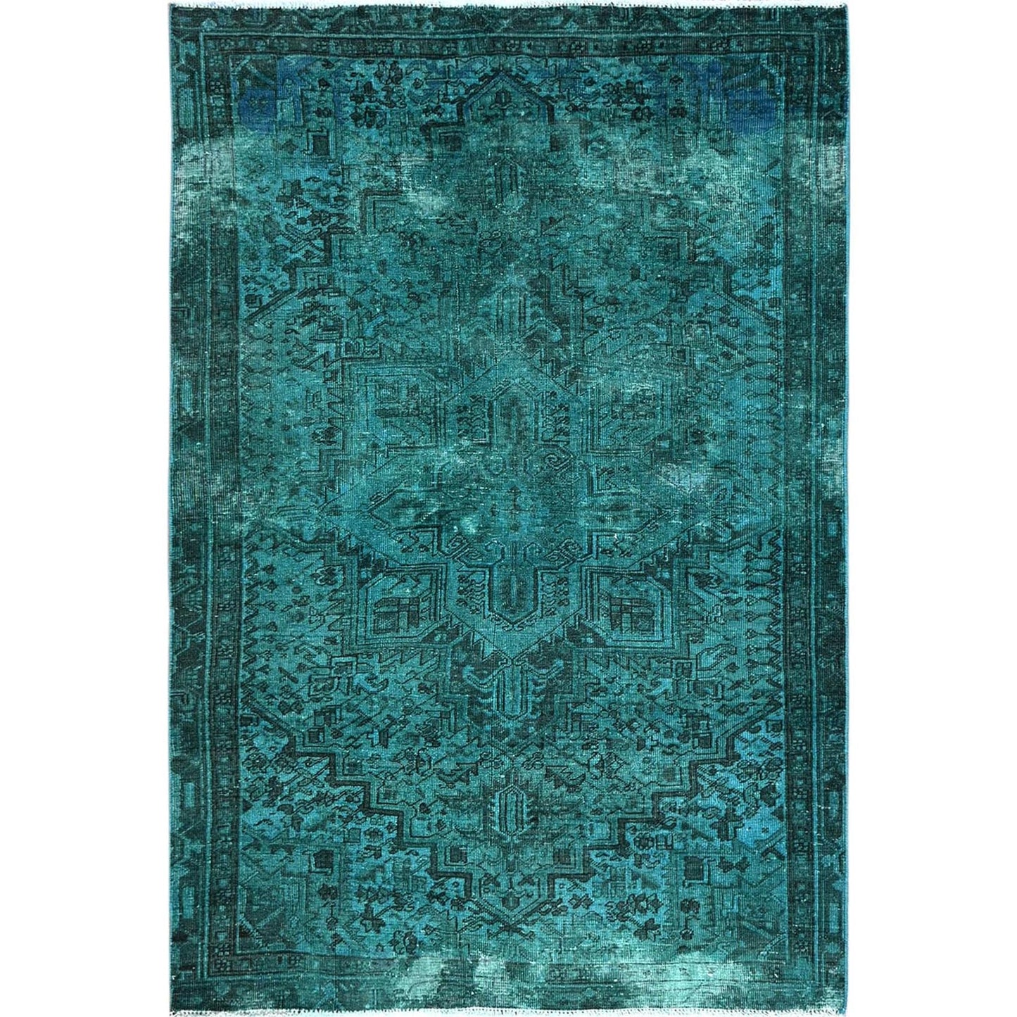 5'5"X8'3" Teal Overdyed Vintage Zoroastrian Heris Hand Knotted Wool Rug
