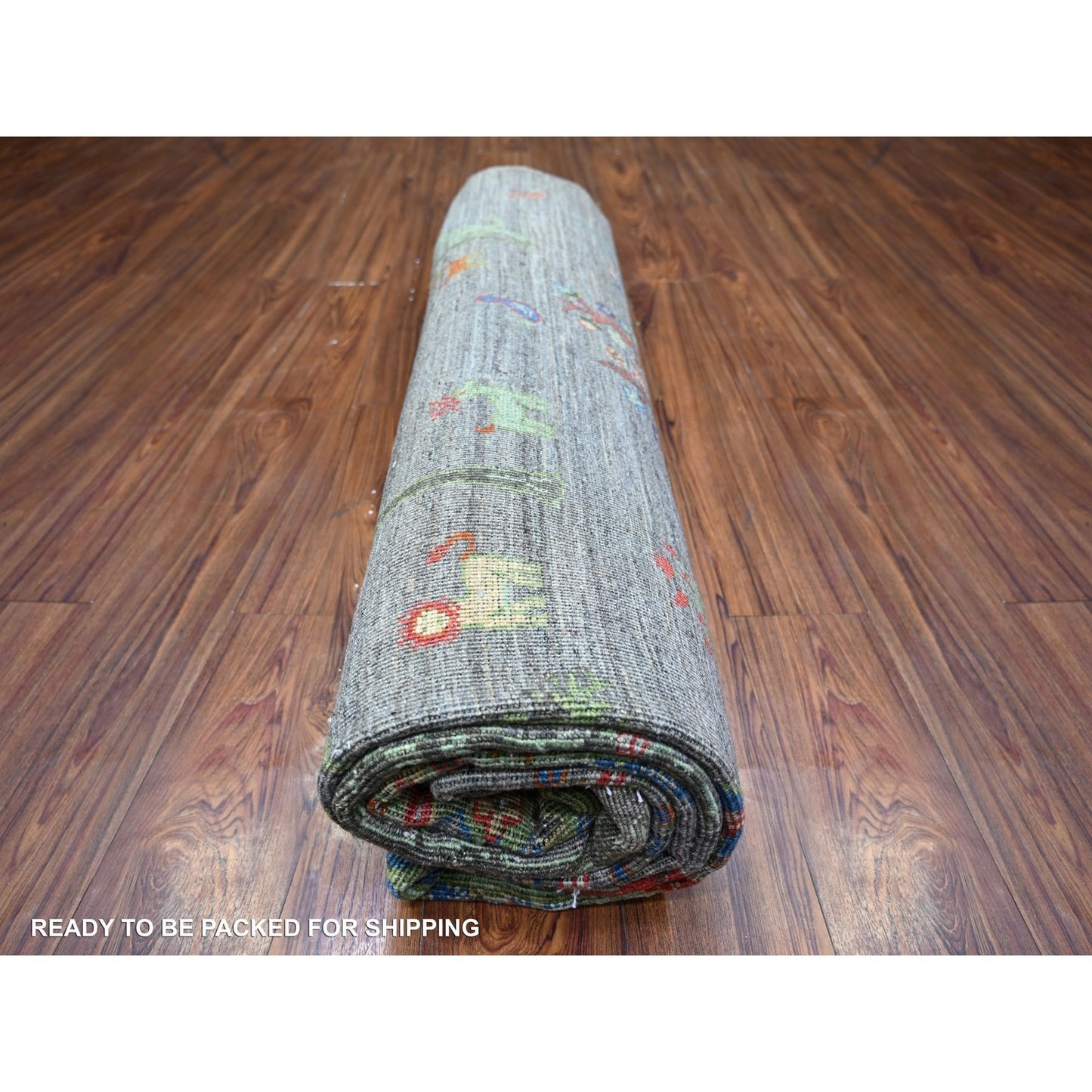 8'X9'5" Gray Folk Art Willow Cypress Tree Design Wool Hand Knotted Rug