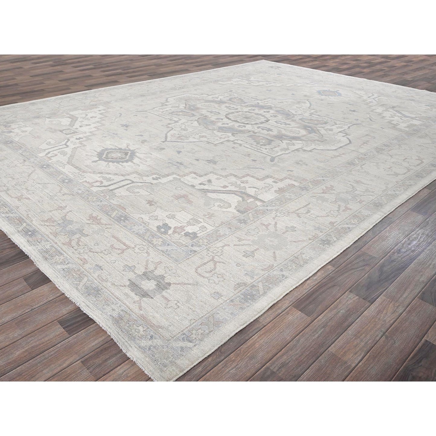 10'X13'7" White Wash Peshawar With Heris Design Hand Knotted Pure Wool Rug