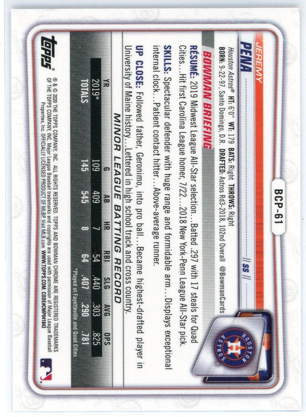 Jeremy Pena 2020 Bowman Chrome 1St Bowman Sapphire Refractor Rookie Card #Bcp-61