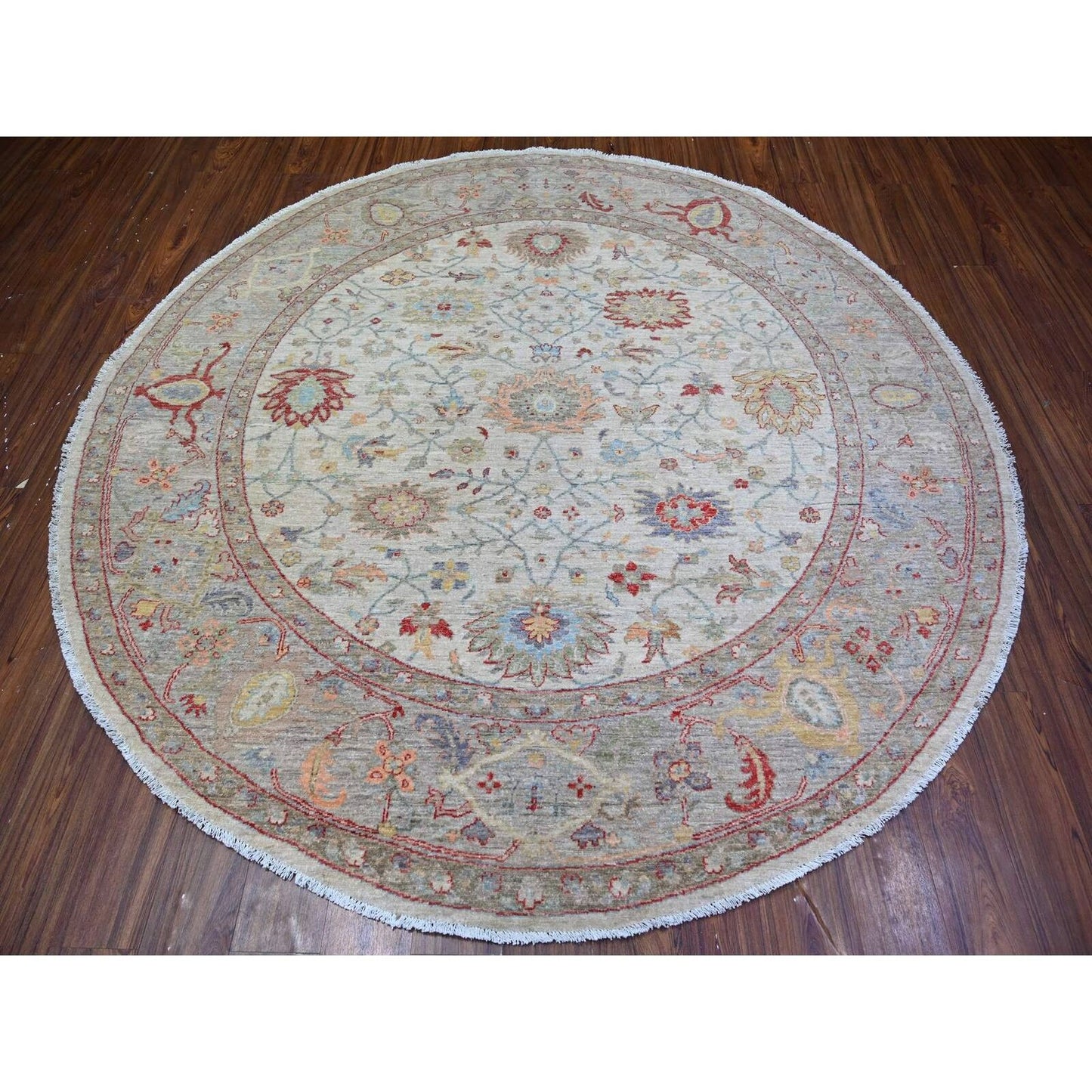 8'X8' Ivory Ziegler Mahal Hand Knotted Pure Wool Round Oriental Rug