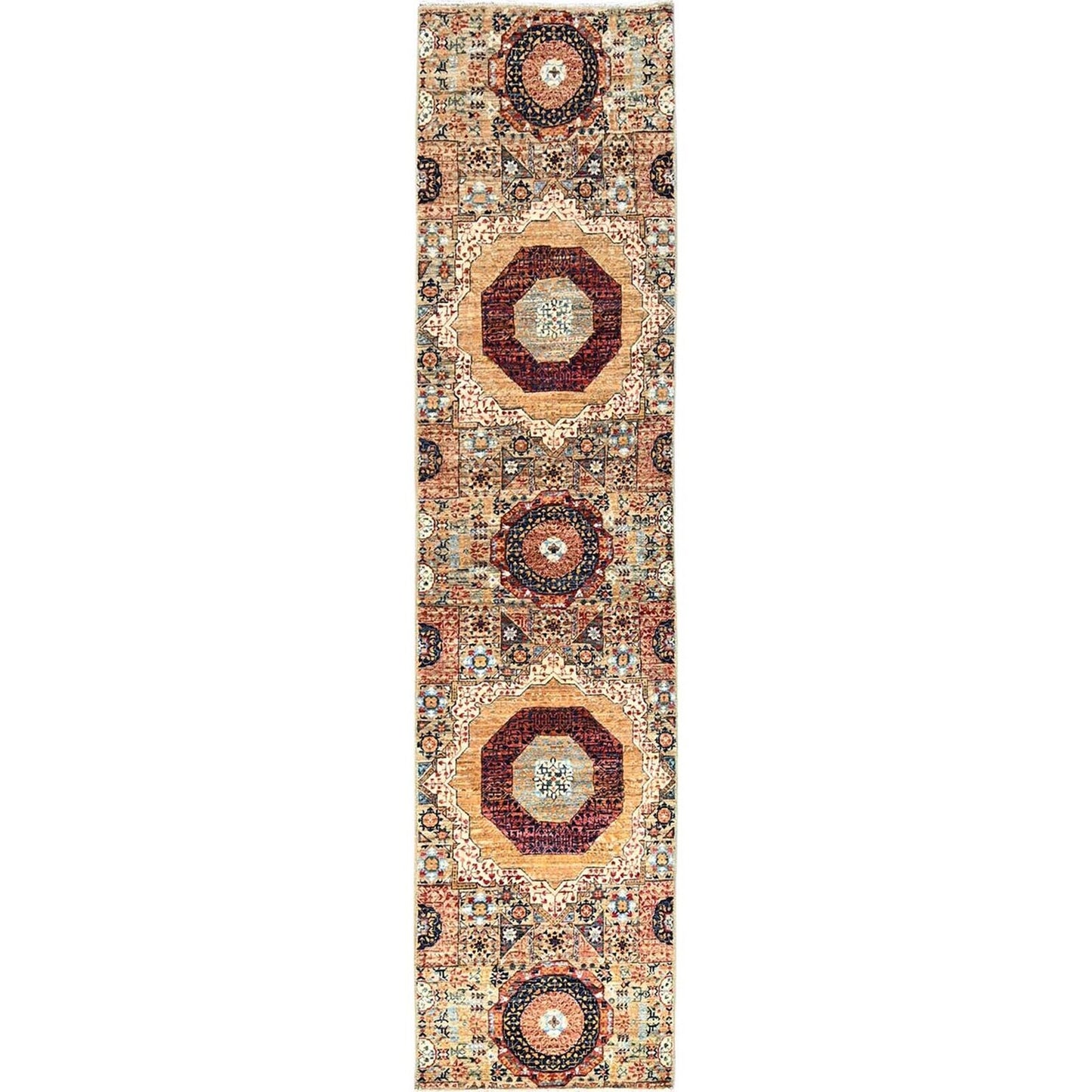 2'5"X10'3" White Mamluk Design Soft Wool Hand Knotted Runner Oriental Rug