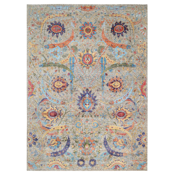9'1"X12'4" Silk With Wool Hand Knotted Tan Sickle Leaf Design Rug
