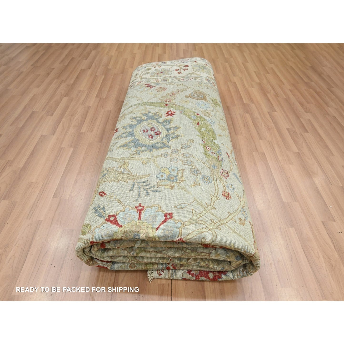 9'1"X12'3" Pelican Gray Sickle Leaf Design Hand Knotted Pure Wool Rug