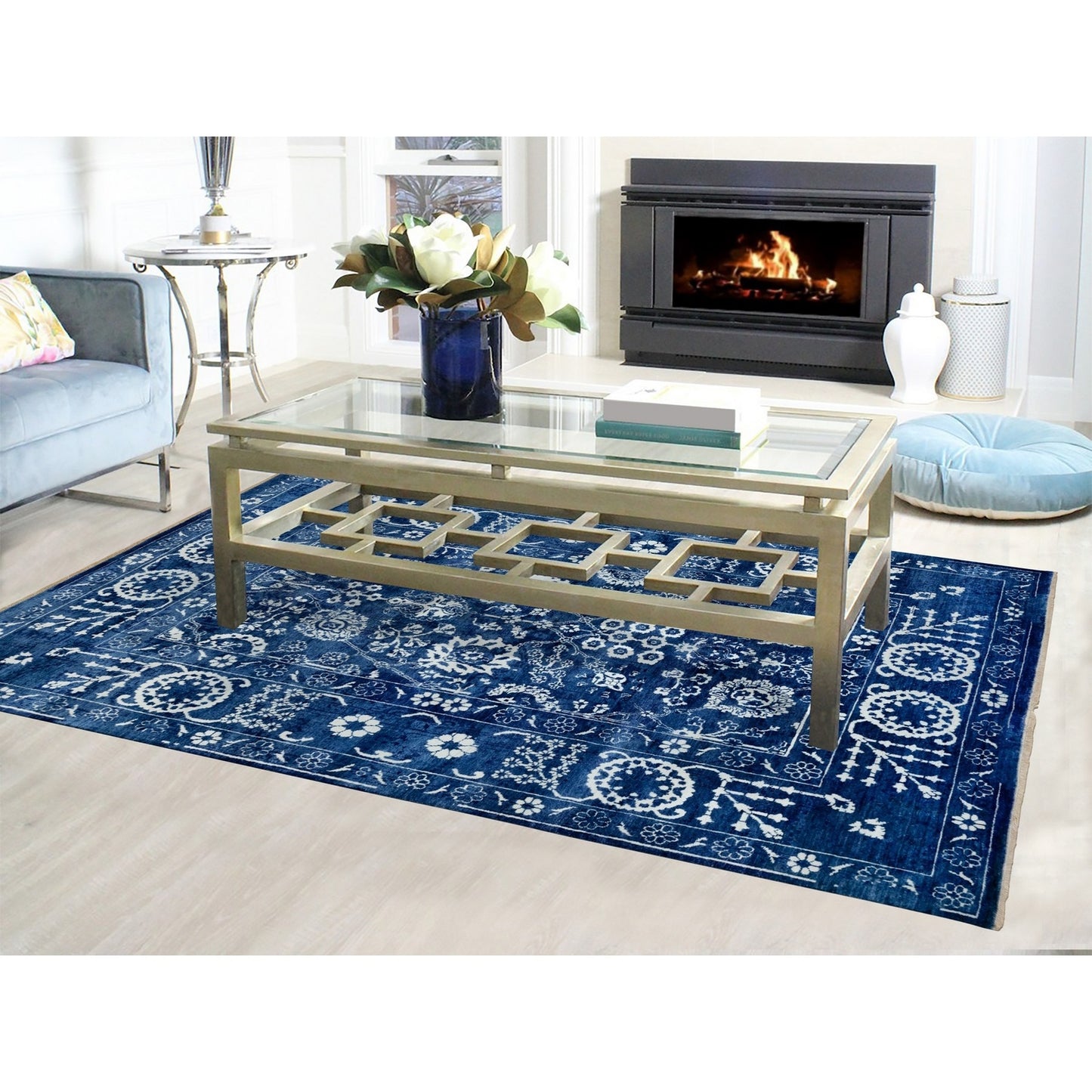 6'2"X9' Blue Hand Knotted Tone On Tone Wool And Silk Oriental Rug