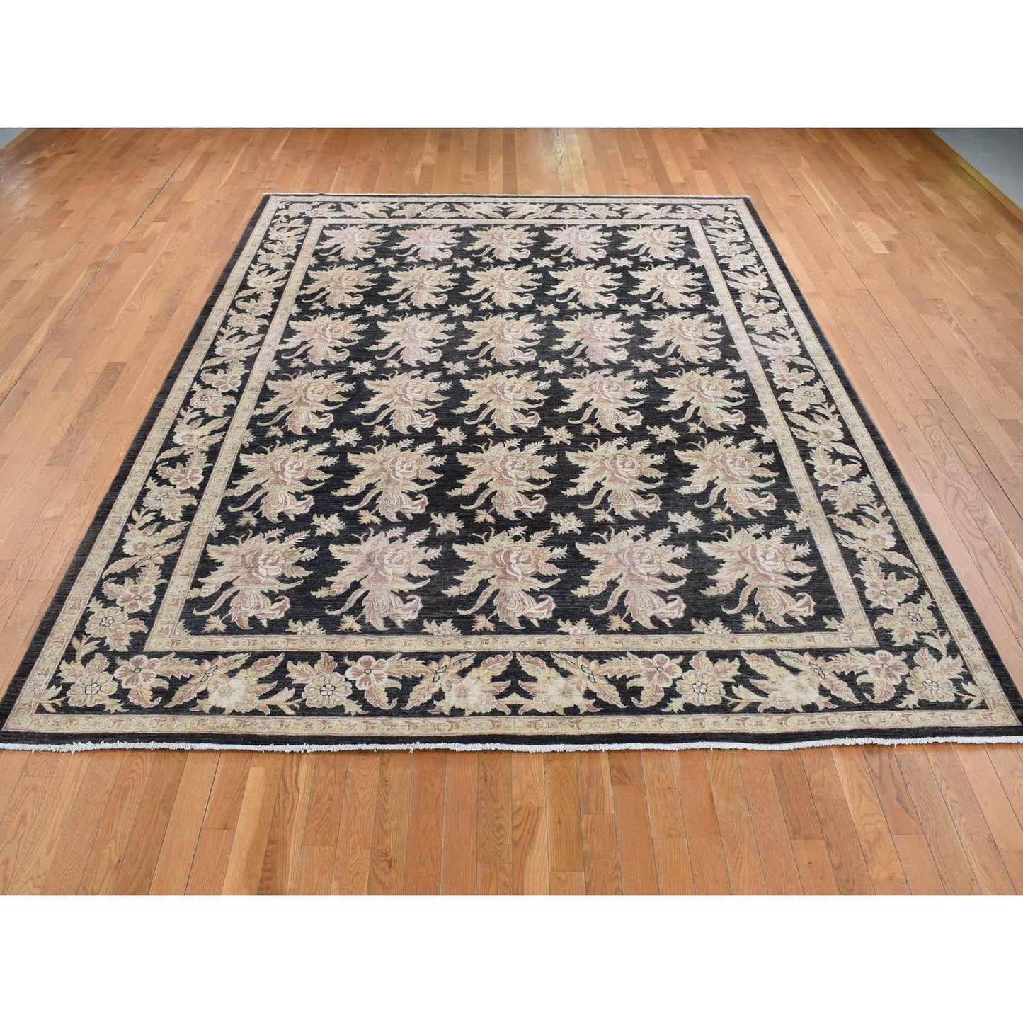 9'1"X12'4" Black Fine Peshawar Design Hand Knotted Pure Wool Rug