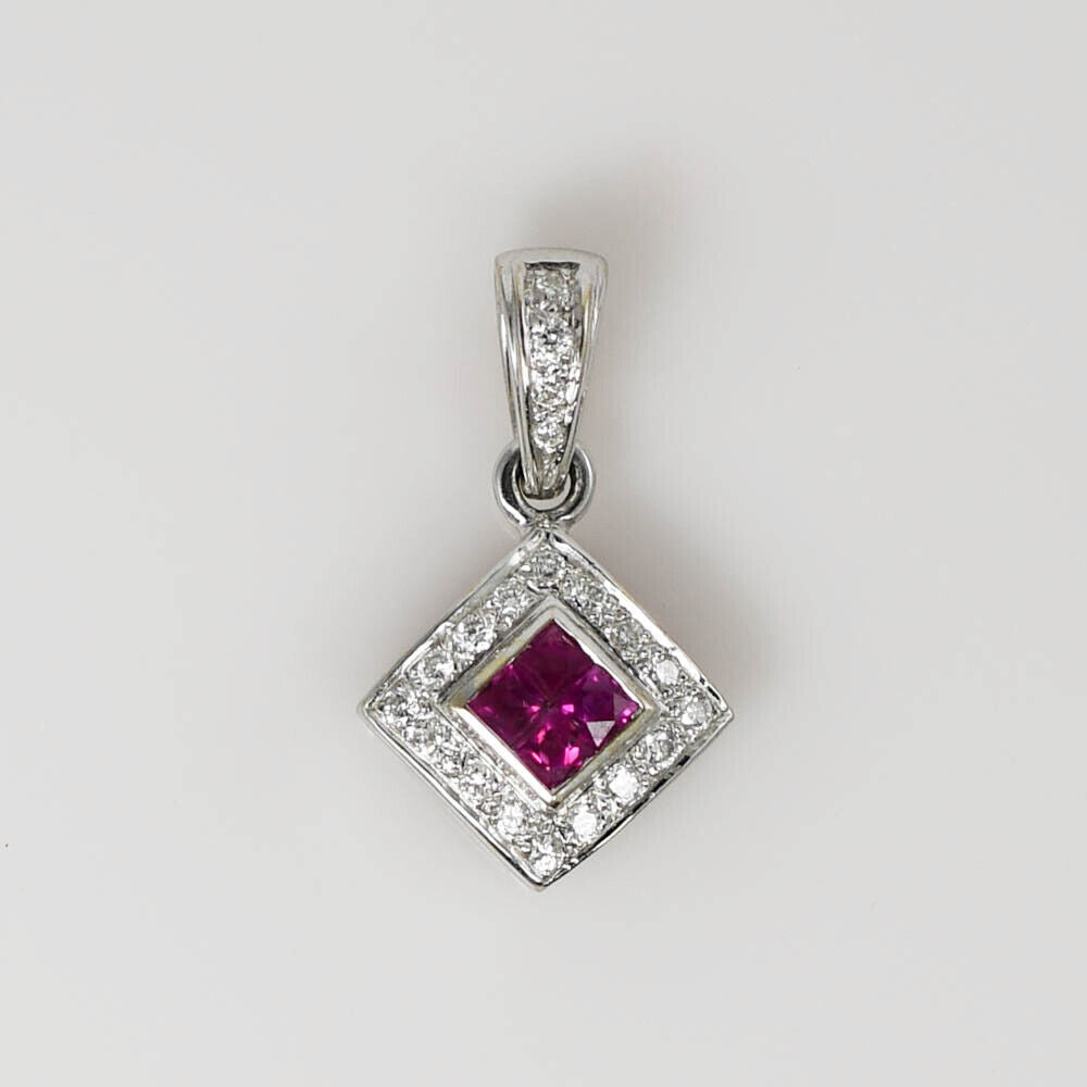 18K White Gold Ruby & Diamond Pendant .10Tdw, 3.1G