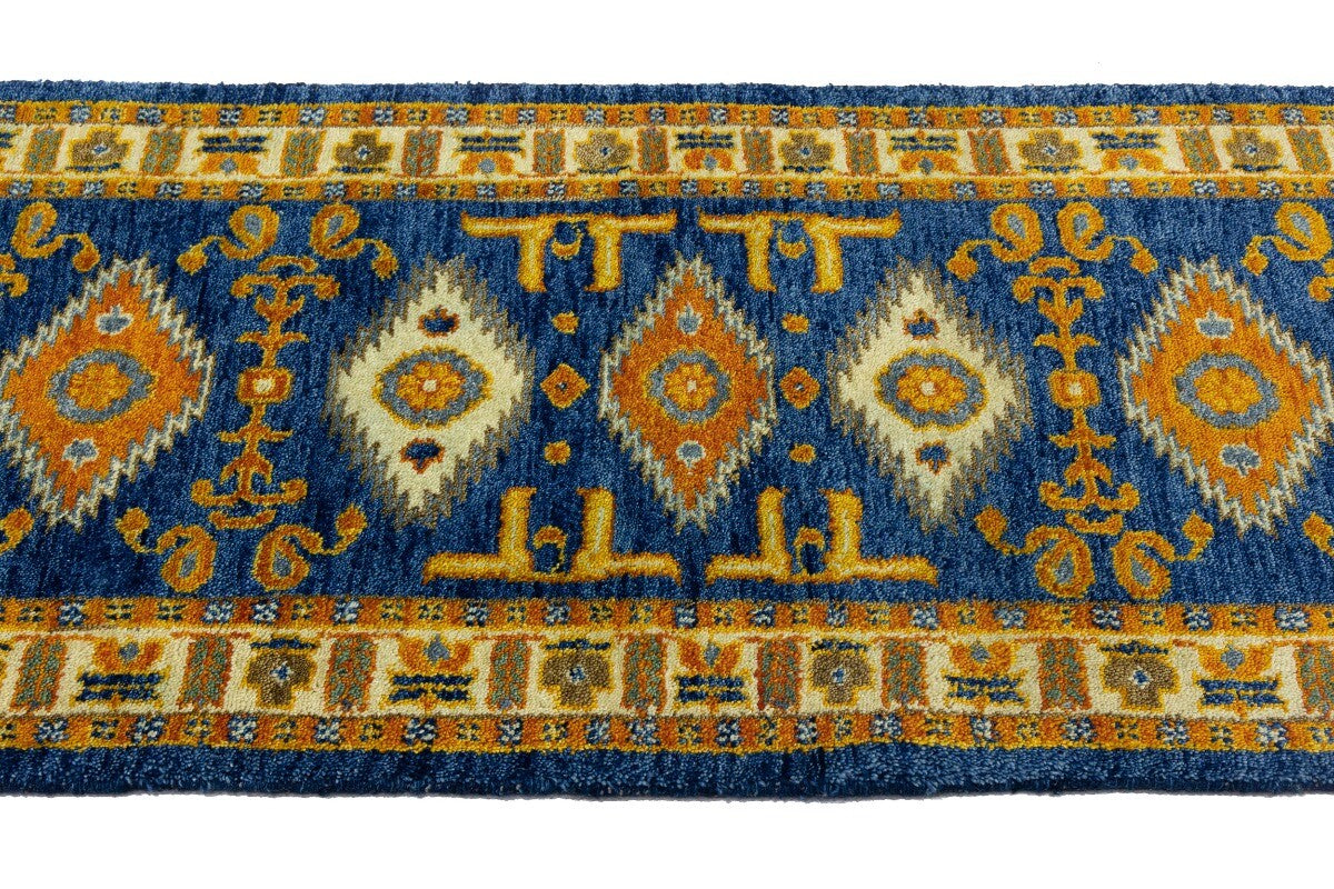 Vintage Style Blue Geometric Kazak Runner Rug