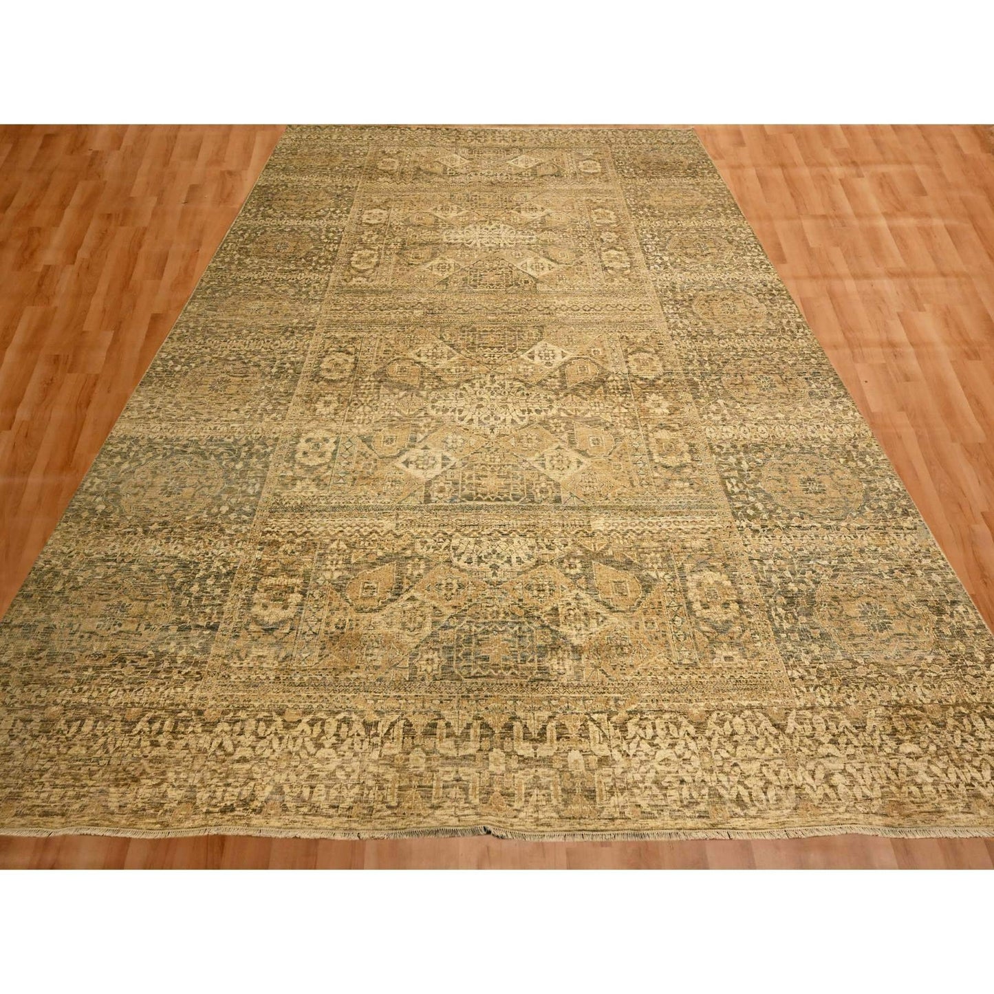 10'X13'8" Brown Mamluk Design Hand Knotted Wool Zero Pile Shaved Low Rug