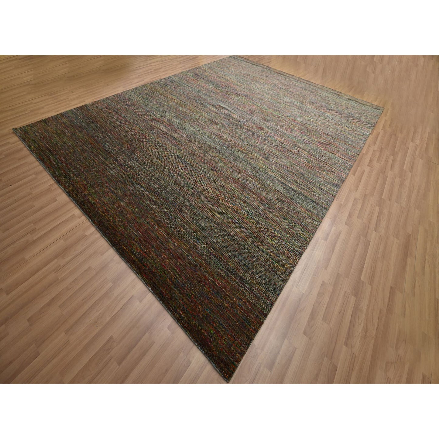 9'1"X12'2" Olive Green Wool And Silk Modern Grass Design Hand Knotted Rug