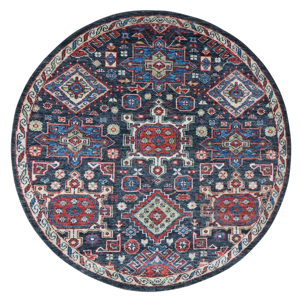 7'9"X7'9" Black Karjihooz Heris Pure Wool Hand Knotted Round Oriental Rug