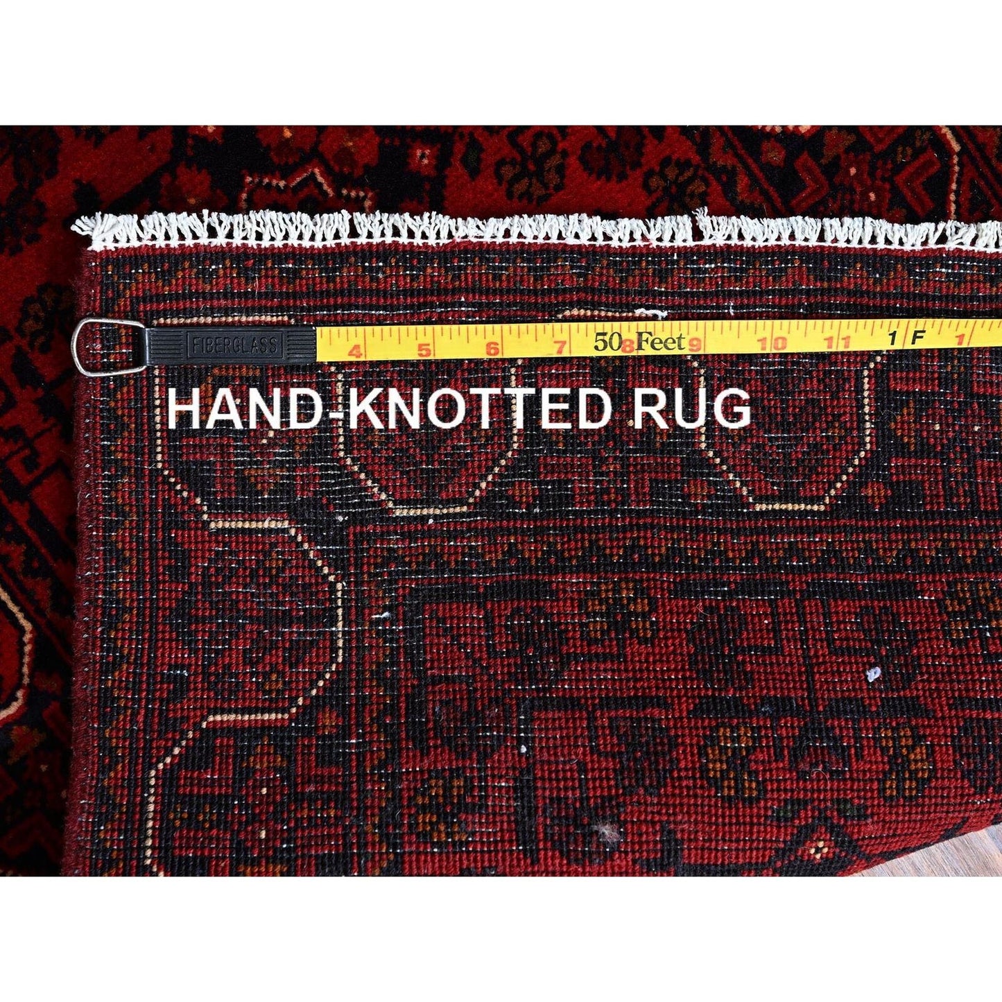 1'8"X4'9" Red Afghan Khamyab Geometric Pattern Hand Knotted Wool Runner Rug