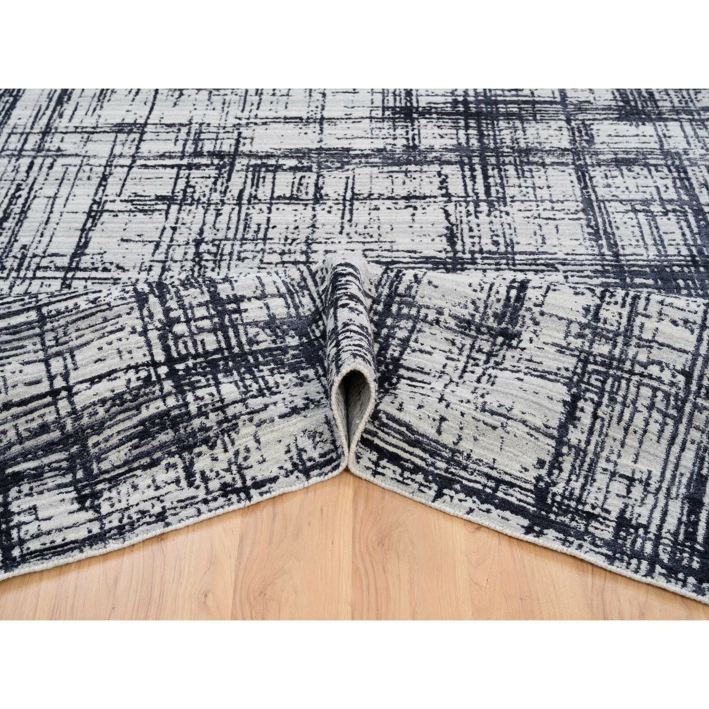 9'X11'10" Black Modern Design Wool And Silk Hand Loomed Rug
