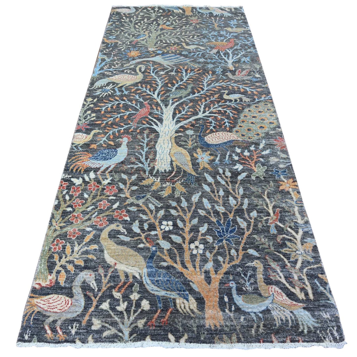 4'X10' Black Hand Knotted Organic Wool Afghan Peshawar Wide Runner Rug