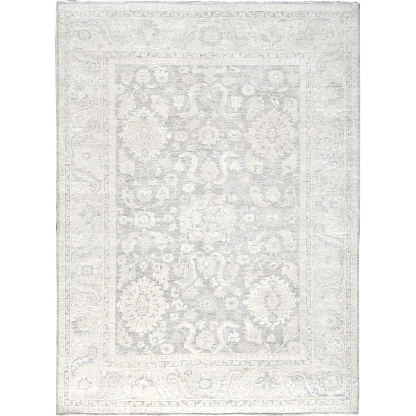 8'9"X11'10" Gray White Wash Peshawar Leaf Design Hand Knotted Pure Wool Rug