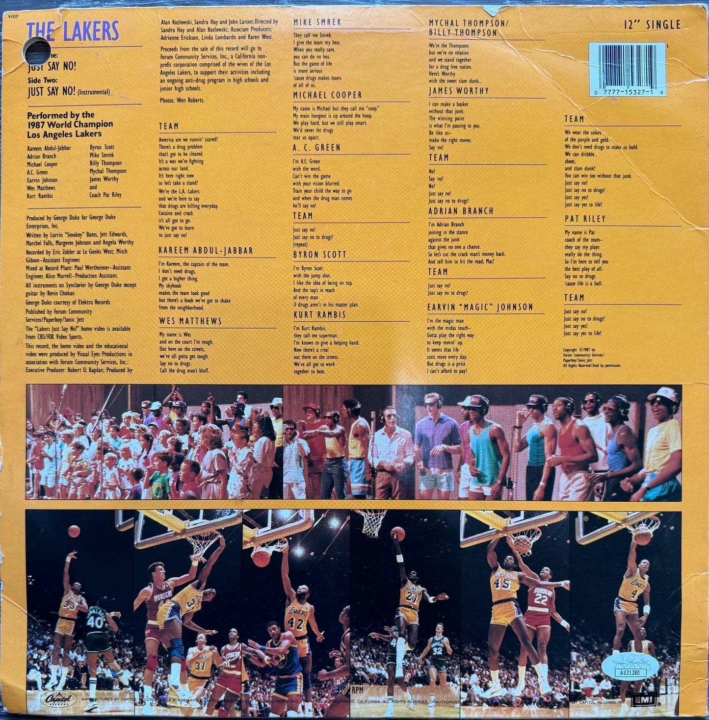 Pat Riley Signed L.A. Lakers 1987 World Champs - Just Say No! Original Vinyl Alb