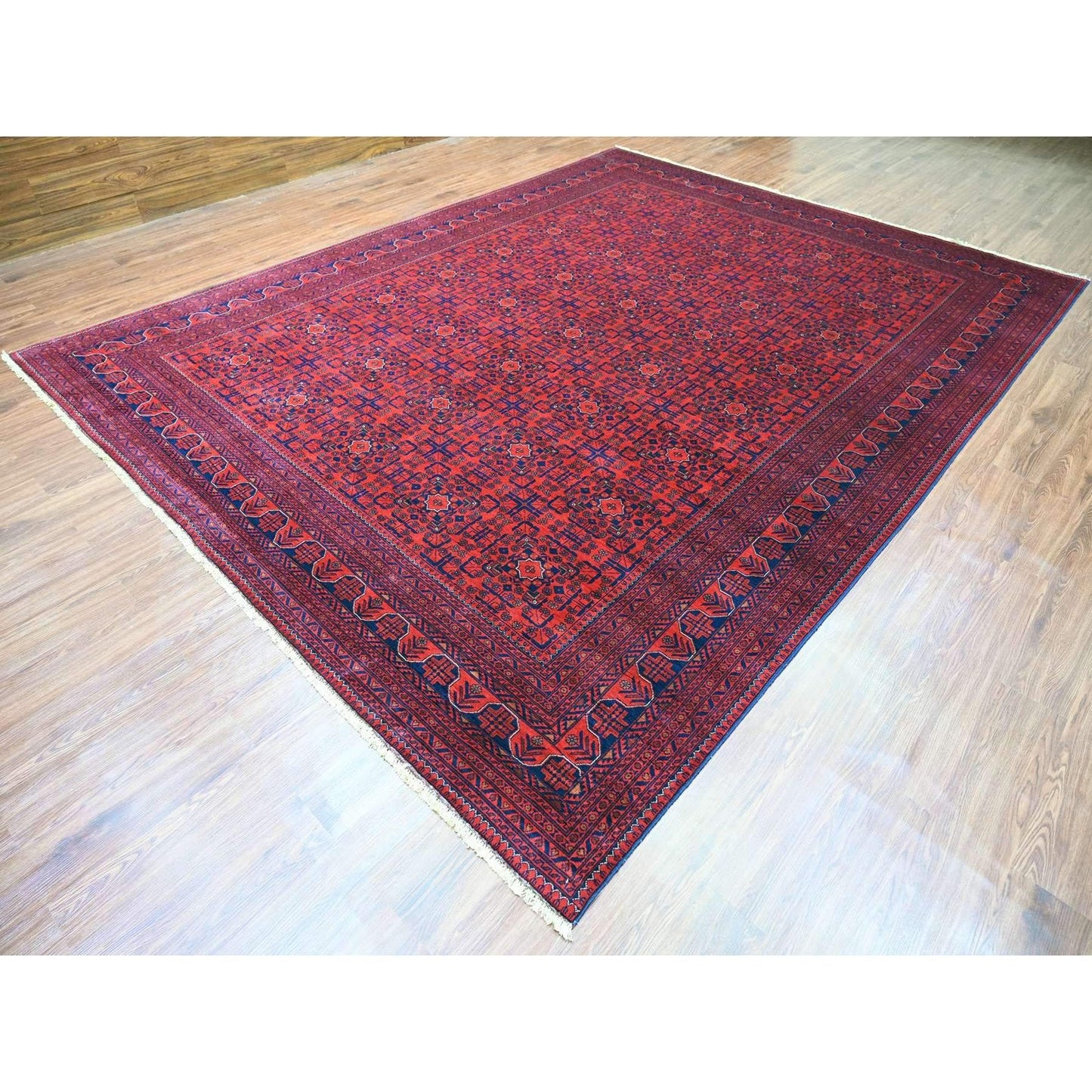 9'10"X12'10" Red Hand Knotted Afghan Khamyab Geometric Design Wool Rug